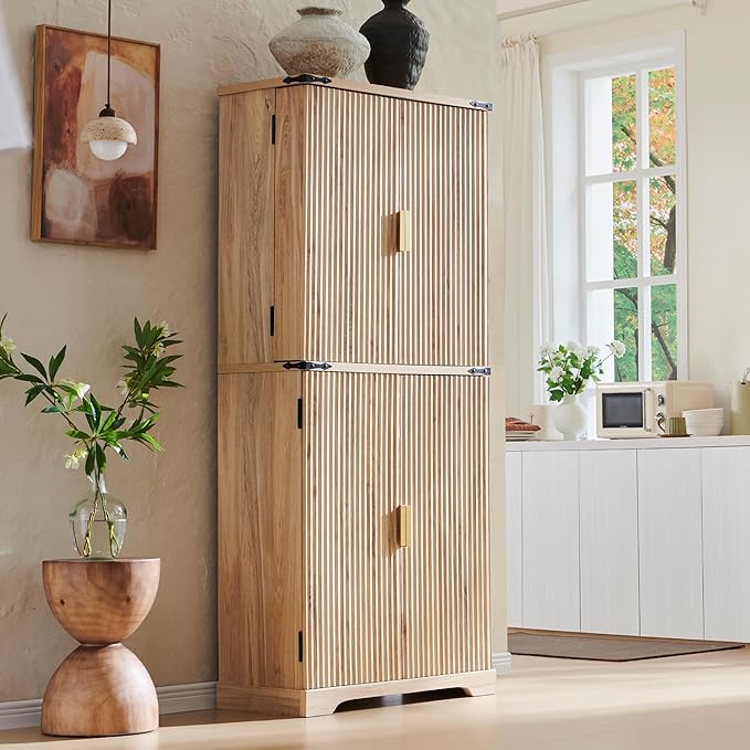 Fluted Pantry Cabinet, 72" Tall Modern Storage Cabinet with 4 Doors, Organizer, Drawer and Adjustable Shelves, Wood Cupboard for Kitchen, Dining Room, Living Room and Bathroom, Natural Oak