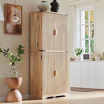 Fluted Pantry Cabinet, 72" Tall Modern Storage Cabinet with 4 Doors, Organizer, Drawer and Adjustable Shelves, Wood Cupboard for Kitchen, Dining Room, Living Room and Bathroom, Natural Oak