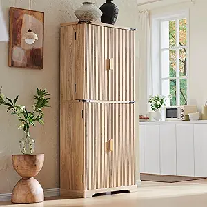 Fluted Pantry Cabinet, 72" Tall Modern Storage Cabinet with 4 Doors, Organizer, Drawer and Adjustable Shelves, Wood Cupboard for Kitchen, Dining Room, Living Room and Bathroom, Natural Oak