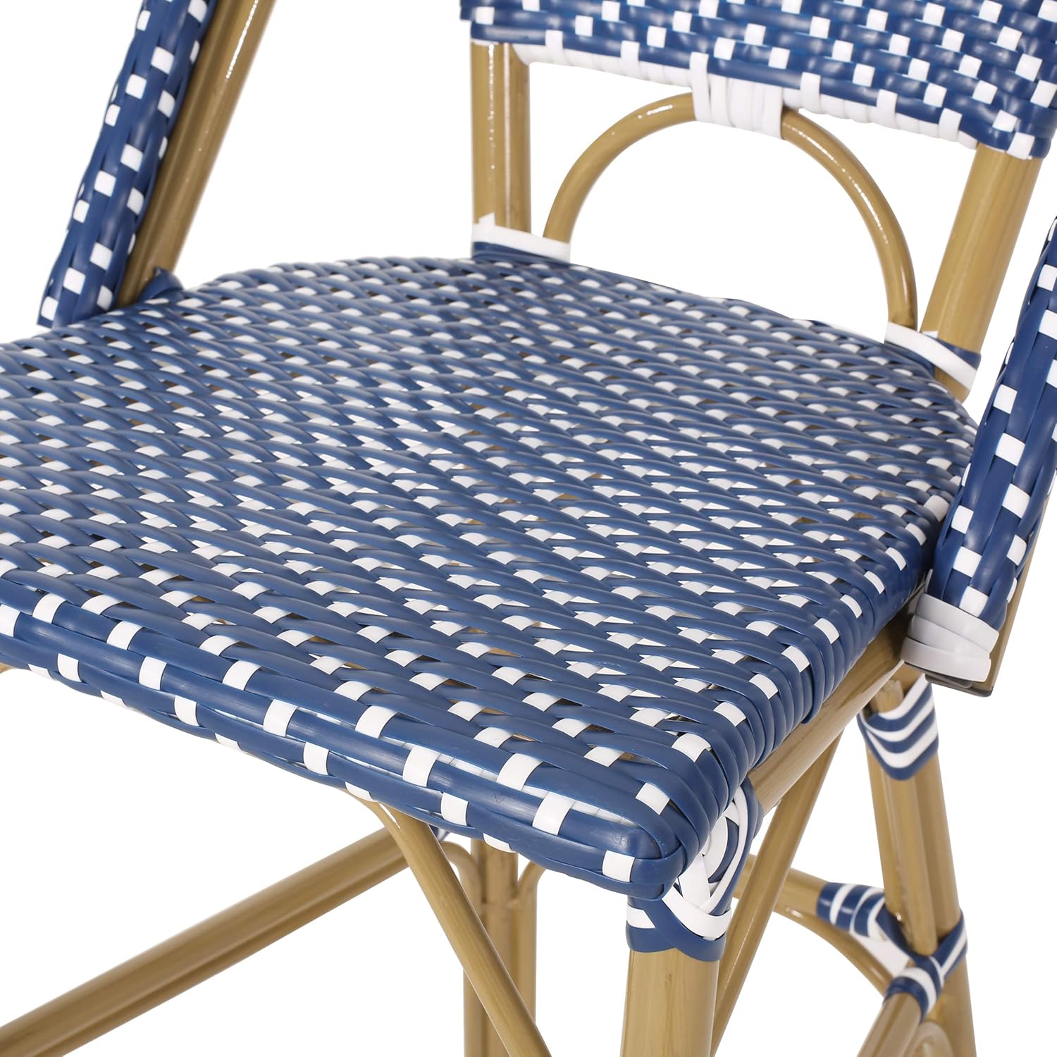 Kinner Outdoor French Bistro Barstools - Aluminum and Wicker - Dark Teal/White/Bamboo Finish (Set of 2)