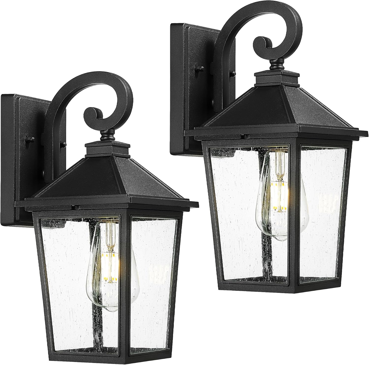 Outdoor Wall Lights, HWH Exterior Lighting Fixtures, Wall Lighting, Retro Outdoor Porch Light with Seeded Glass, Matte Black Finish, 2 Pack, 5HX100B-2PK BK