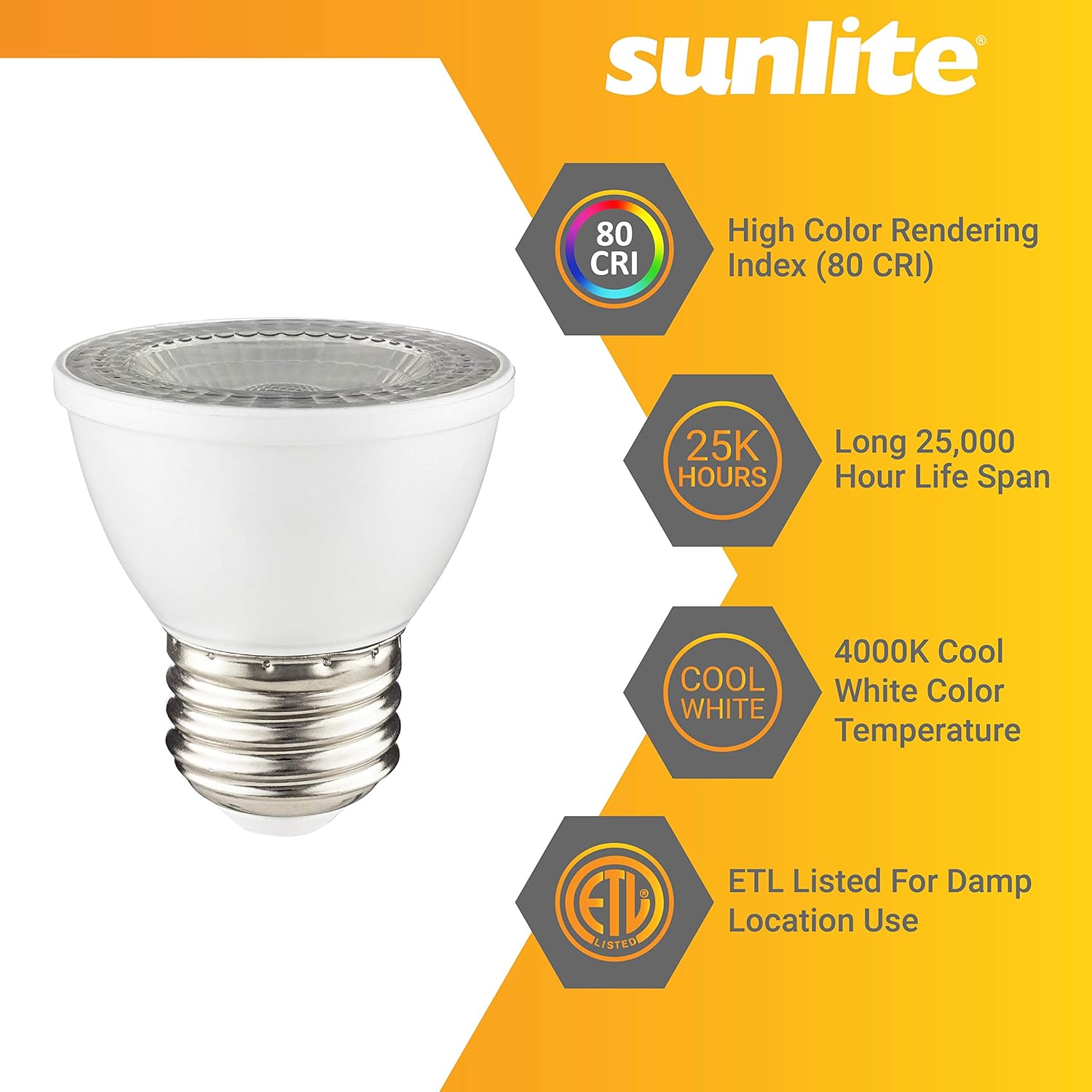 Sunlite LED PAR16 Dimmable, Short Neck Recessed Spotlight Light Bulb, 7-Watt, (50W Halogen Replacement) 500 Lumens, Medium E26 Base, ETL Listed, 6 Count, 4000K Cool White