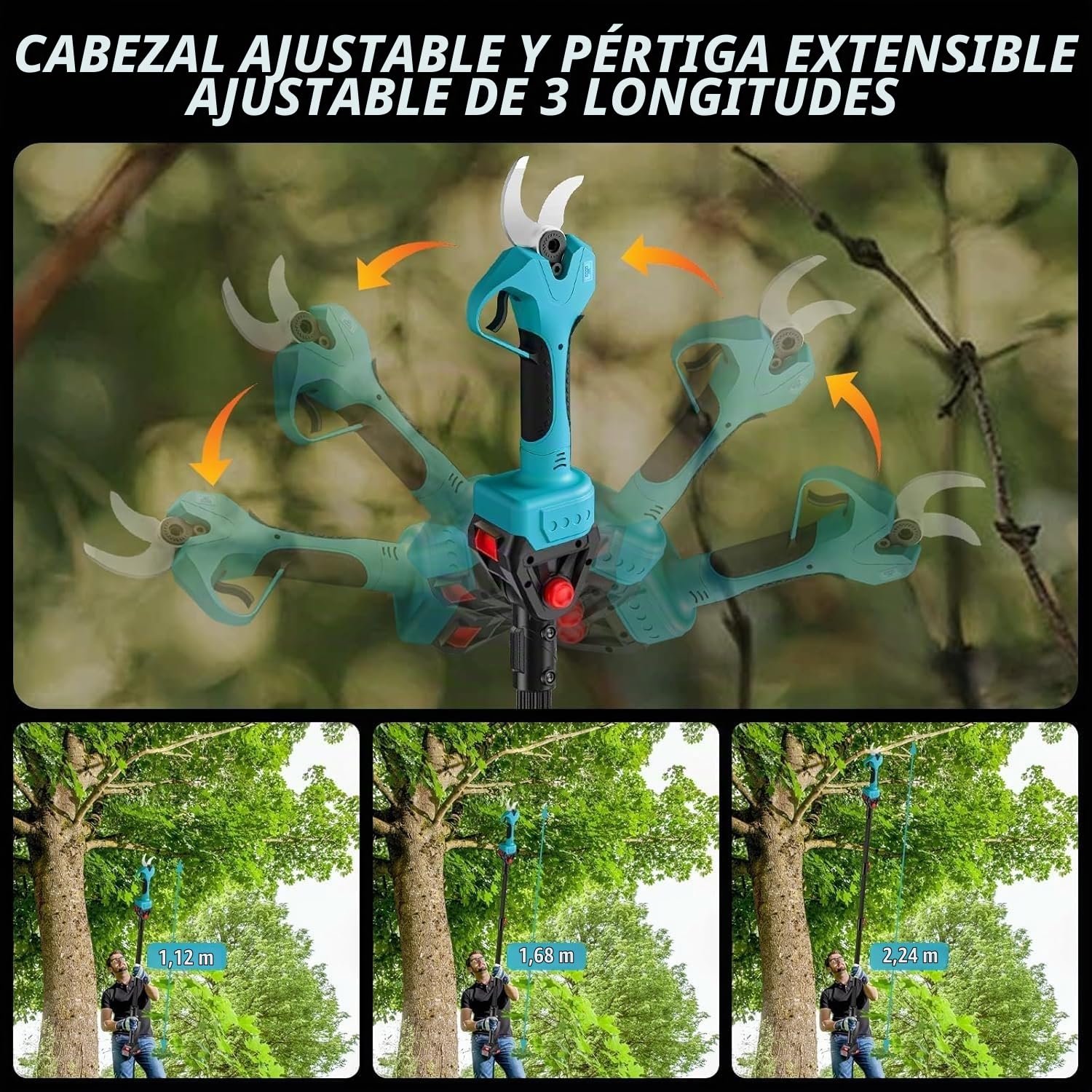 Tijera de podar eléctrica de 40MM, Tijeras de podar eléctricas Profesionales de con pértiga telescópica de 2.2 m Compatible con Makita 18V batería, Podadora Electrica/Pantalla LCD para Jardinería