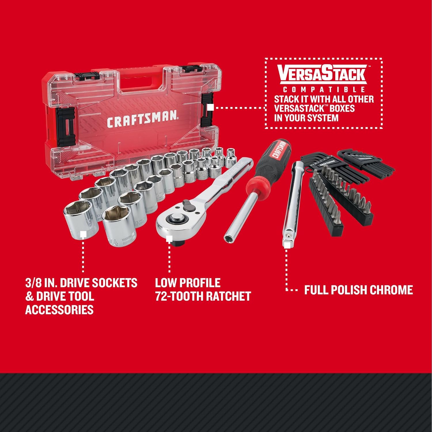 CRAFTSMAN VERSASTACK 63 Piece Mechanics Tool Set with Hard Case, 3/8 Inch Drive (CMMT45163)