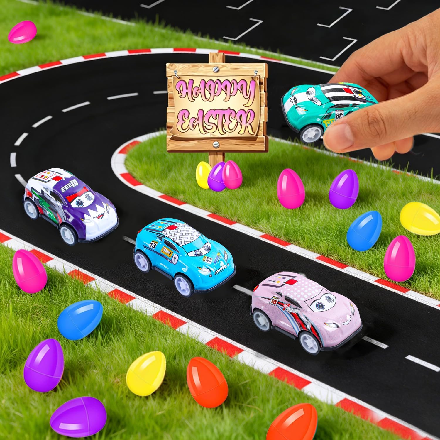 24 Pack Prefilled Easter Eggs with Pull Back Cars – No Assembly Required, Easter Egg Fillers & Basket Stuffers for Kids, Classroom Prizes, Party Favors, Easter Toys for Boys