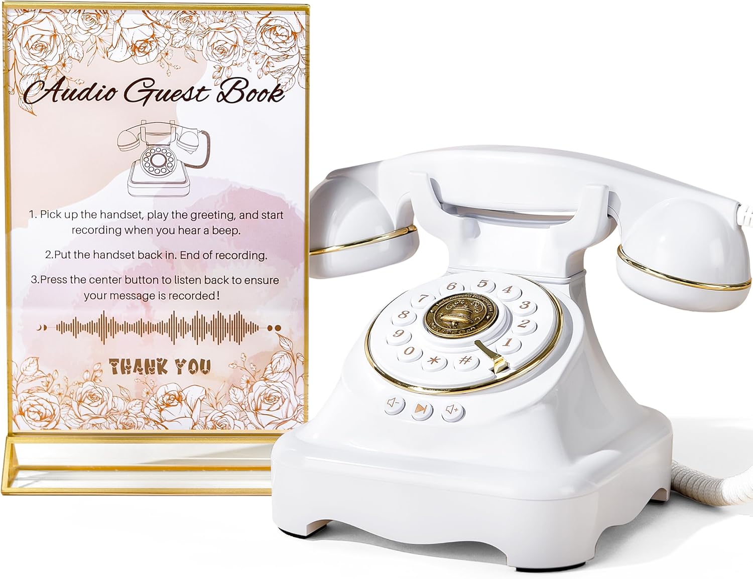 Audio Guest Book Wedding Phone with One-Touch Playback & Adjustable Volume for Wedding, Anniversary, Birthday Parties, Tattle Phone for Classroom(White+Sign)