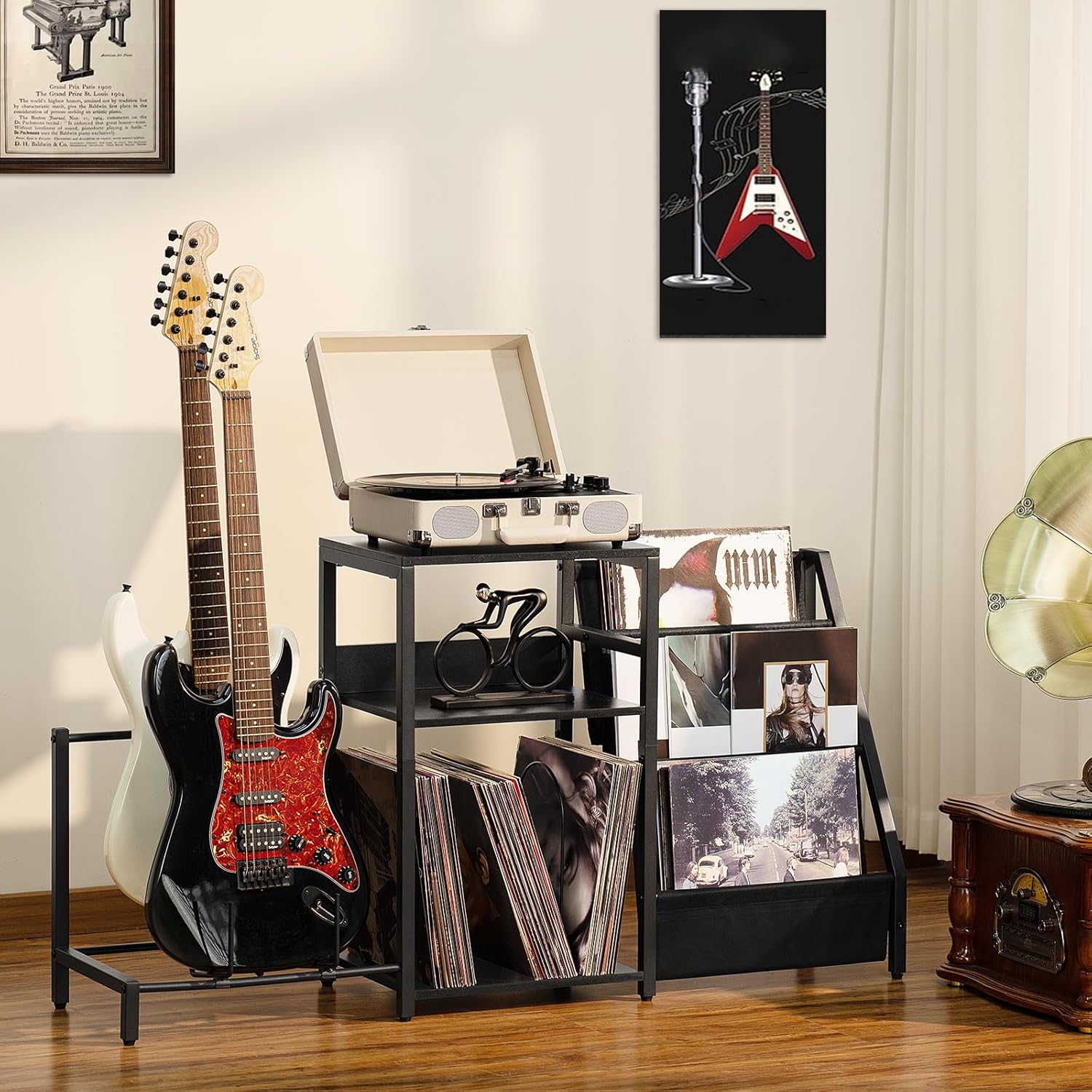 LELELINKY Record Player Stand, Black Adjustable Guitar Stand for Acoustic Guitar, Electric Guitar, Bass, Turntable Stand with Vinyl Display Shelf Storage Up to 150 Albums, End Table for Music Room