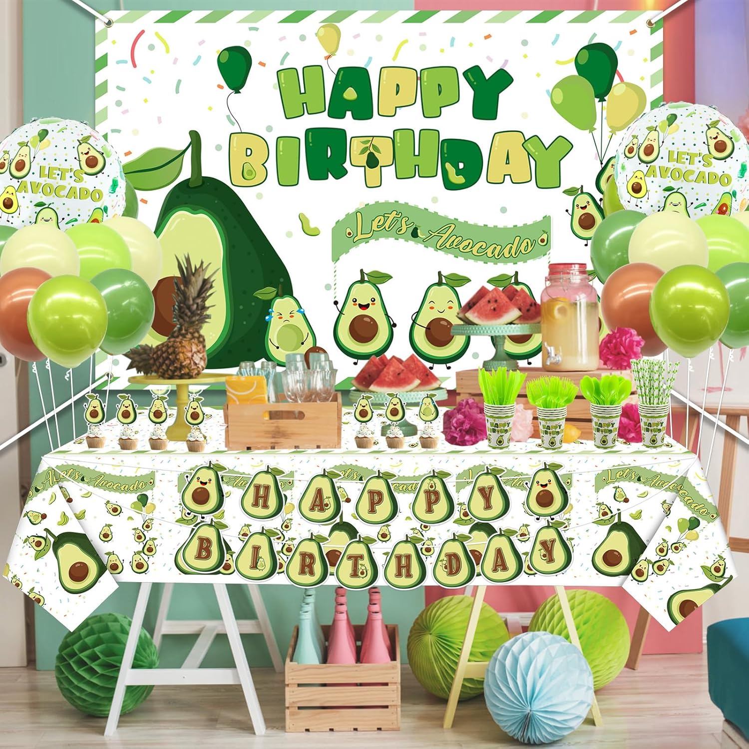Fruit Avocado Party Supplies, Avocado Theme Party Decorations for Girls Kids Birthday Party with Plates Cups Napkins Tablecloth Birthday Backdrop Banner Balloons, Serves 20