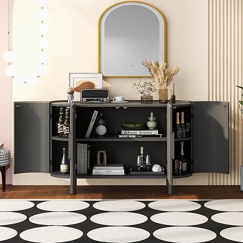 Miniatura 91 de Aparador de armario de almacenamiento curvado con 2 puertas y 2 cajones, mesa consola de entrada de madera de 55 pulgadas con puerta lateral curvada