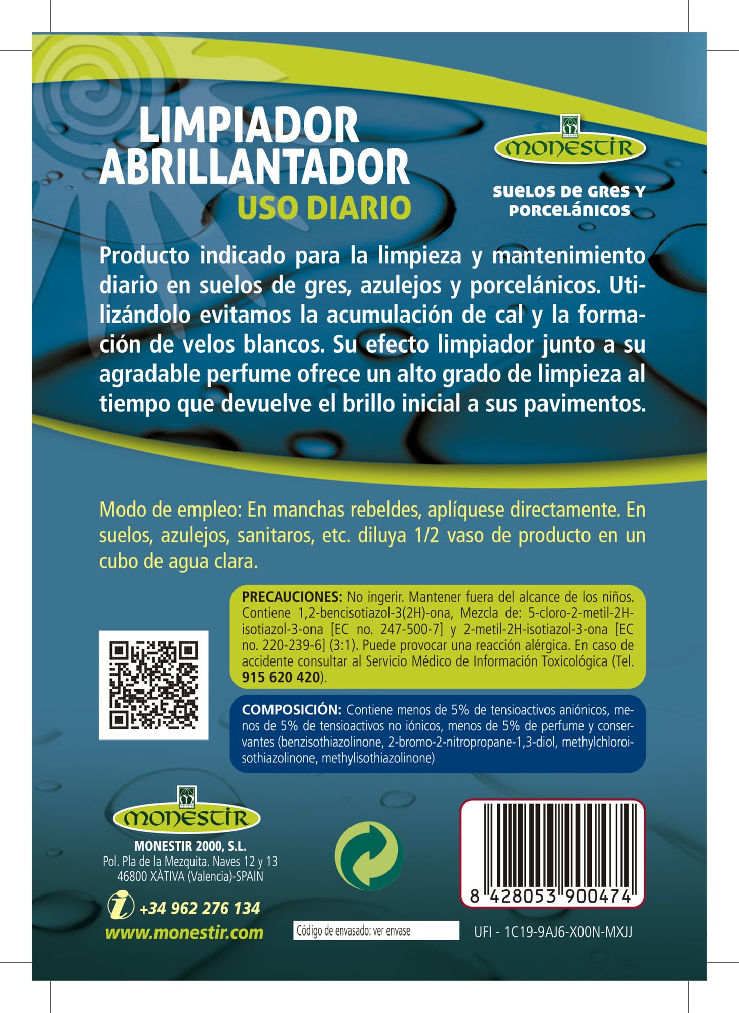 Monestir - LIMPIADOR ABRILLANTADOR SUELOS GRES - PORCELANICOS - 5 Litro