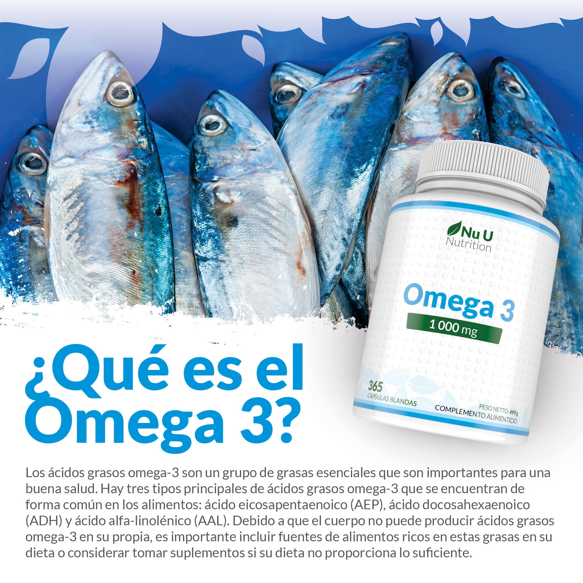 Omega 3 1000mg TG | Forma de triglicéridos - 365 Cápsulas Blandas - Omega-3 Ácidos Grasos 540mg EPA y 340mg DHA por Dosis Diaria - Aceite de Pescado Omega3 - Fabricado en Europa - Nu U Nutrition