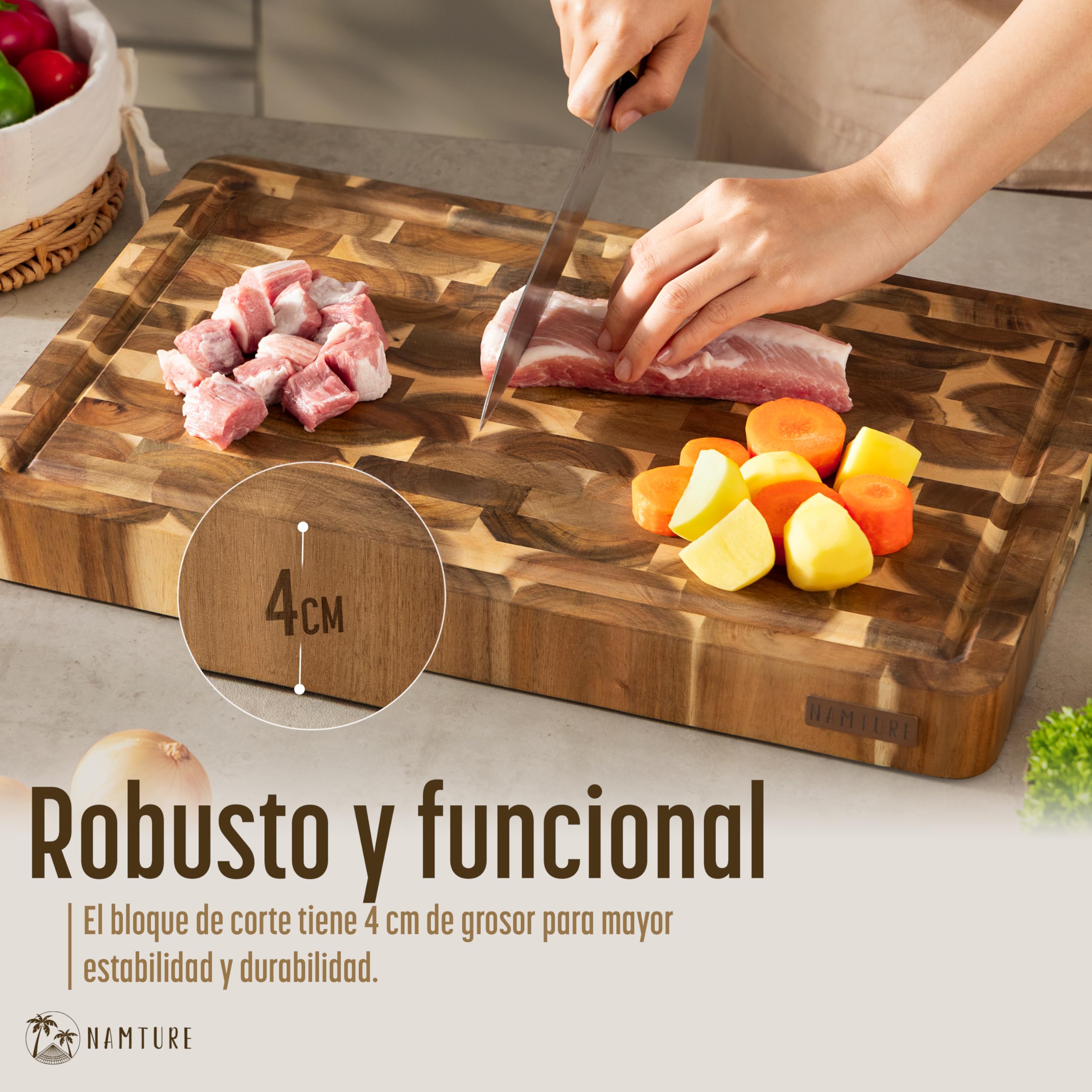 Tabla de Cortar de Madera de Acacia 45x30 cm – Extra Gruesa 4 cm, fibra de testa, acabado con aceite premium, ranura para jugos, asas laterales, pies antideslizantes – caja regalo