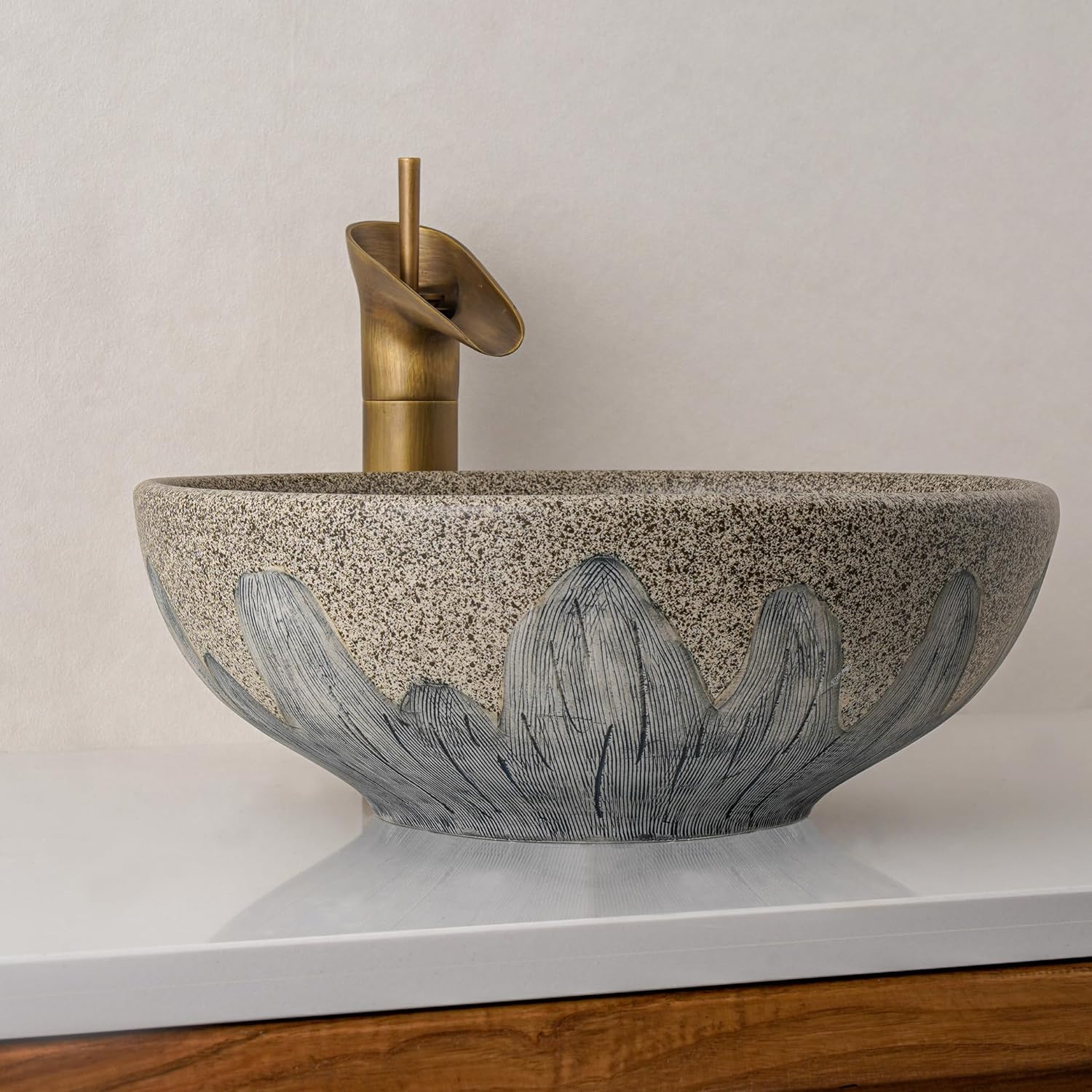 Ceramic Vessel Bathroom Sink Blue Color Rounded Shape Jingdezhen Sinks Above Counter Art Wash Basin For Bar And Cloakroom (Vintage blue) (Grey)