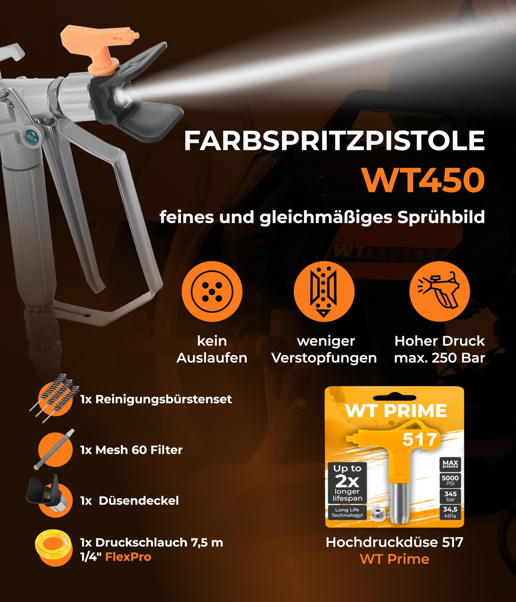 WT9 Farbsprühsystem Wandfarbe 700 W - 200 Bar Hochdruck Airless Farbsprühgerät - Airless Spritzgerät 1,5 L/min - Farbspritzgerät 10000 m2/J - Lackierpistole mit Schlauch 7,5 m - 1/4"