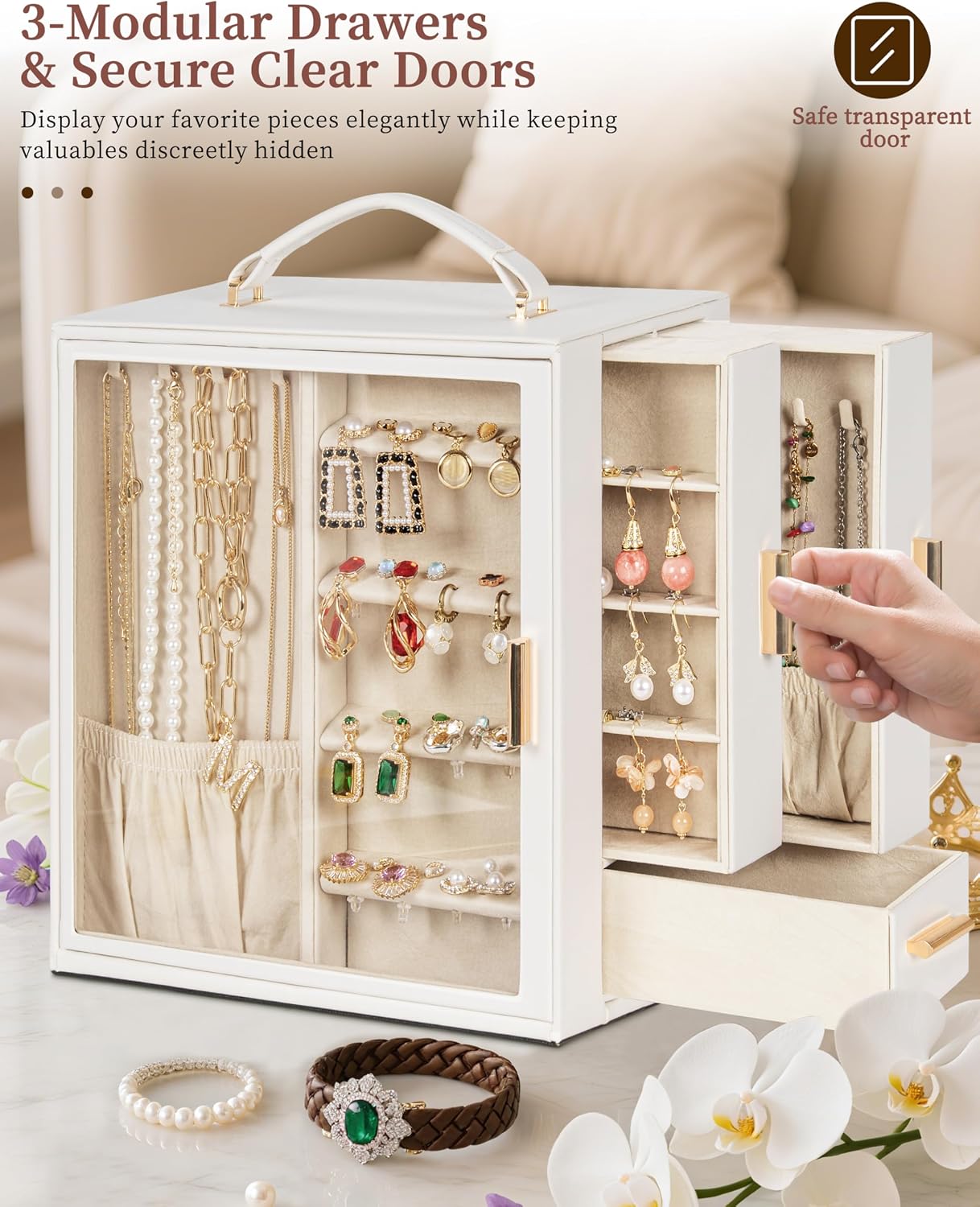 TORIBIO Large Jewelry Box for Women Girls,Big Leather Jewelry Organizer for Necklaces Rings Earrings Gift Bracelets Storage with Drawer,Great Gift for Her