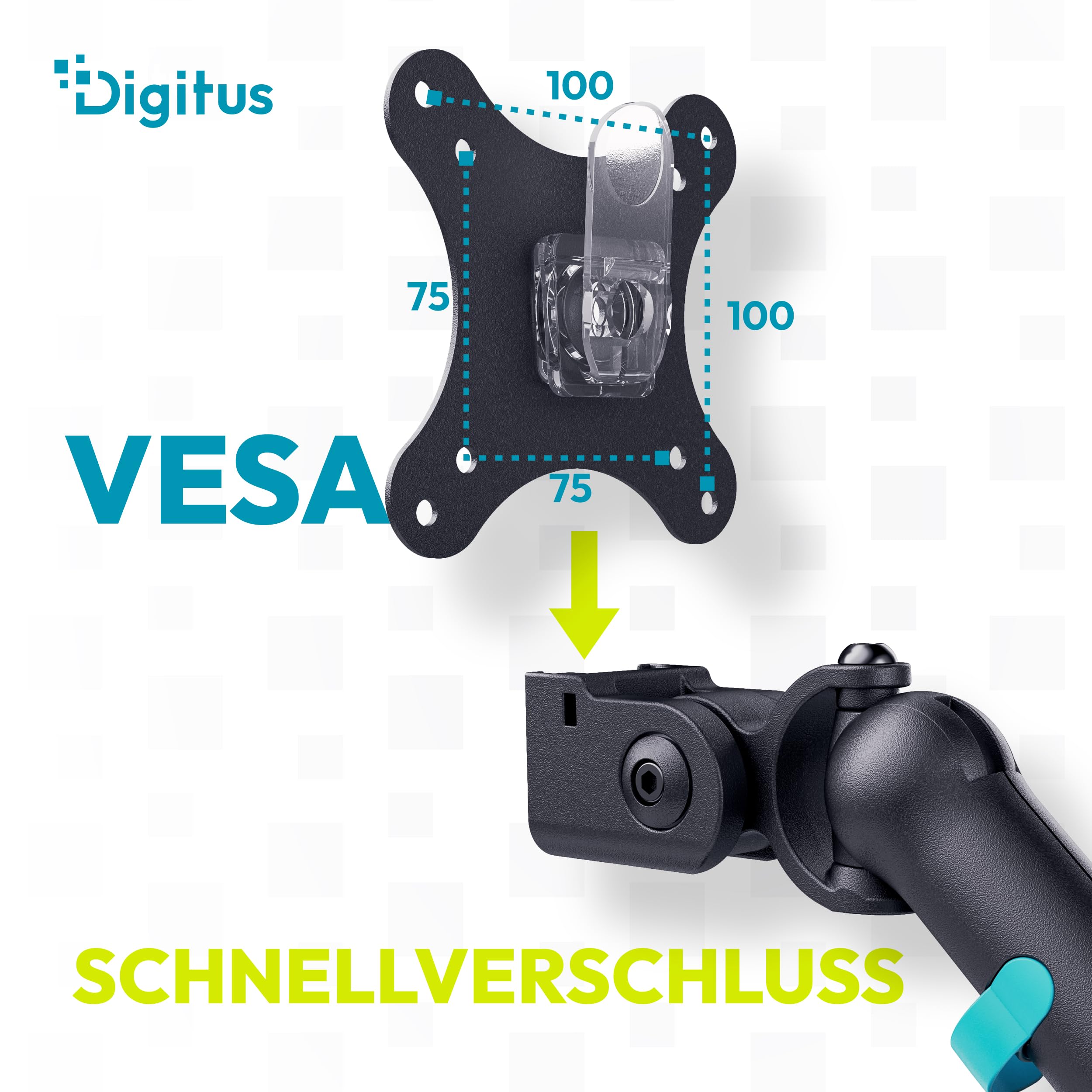 DIGITUS Monitor Halterung 1 Monitor – bis 35 Zoll – mechanische Feder | 10 kg Traglast – für Flach- und Curved-Bildschirme – VESA 75x75, 100x100 – Tischklemme – Schwarz