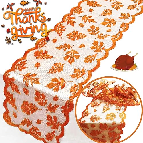 Camino de mesa de otoño, decoraciones de Acción de Gracias, camino de mesa de encaje de hoja de arce para cena de Acción de Gracias, calabaza,