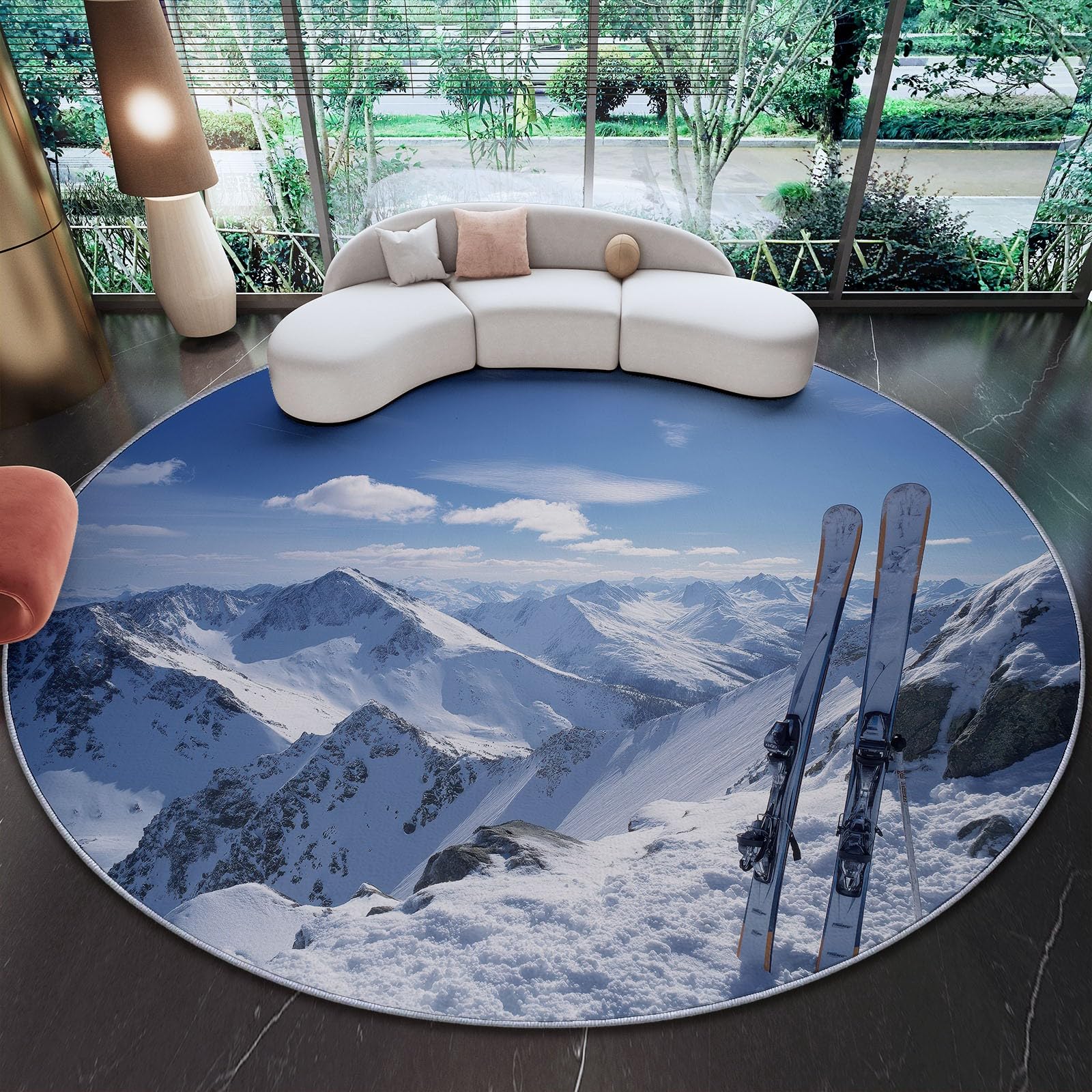 Tapis rond salon ski réaliste anti-glisse bleu marine