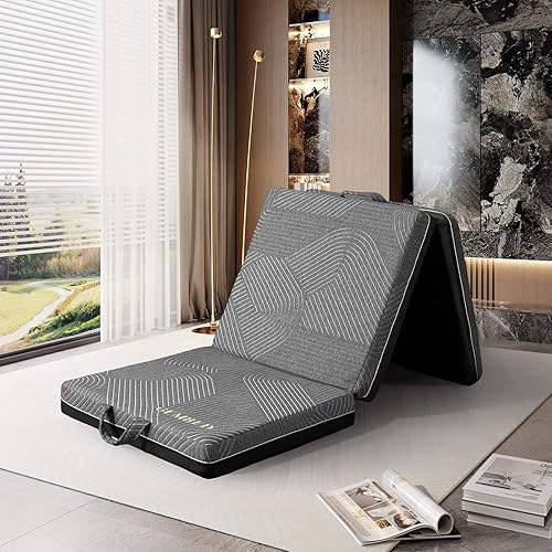 Colchón triple plegable de tamaño individual  Colchón de espuma viscoelástica, mango y parte inferior antideslizante, portátil plegable para sofá