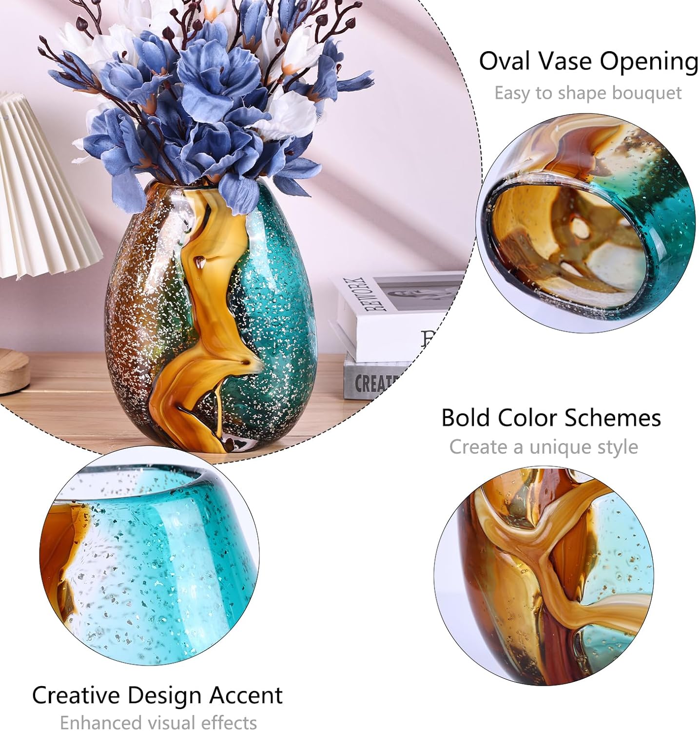 Pretty Hand Blown Glass Vase, Colored Glass Flower Vases Home Decor, Amber and Teal Decorative Murano vase for Living Room Office Bedroom Coastal Table Centerpieces Gift - Image 3