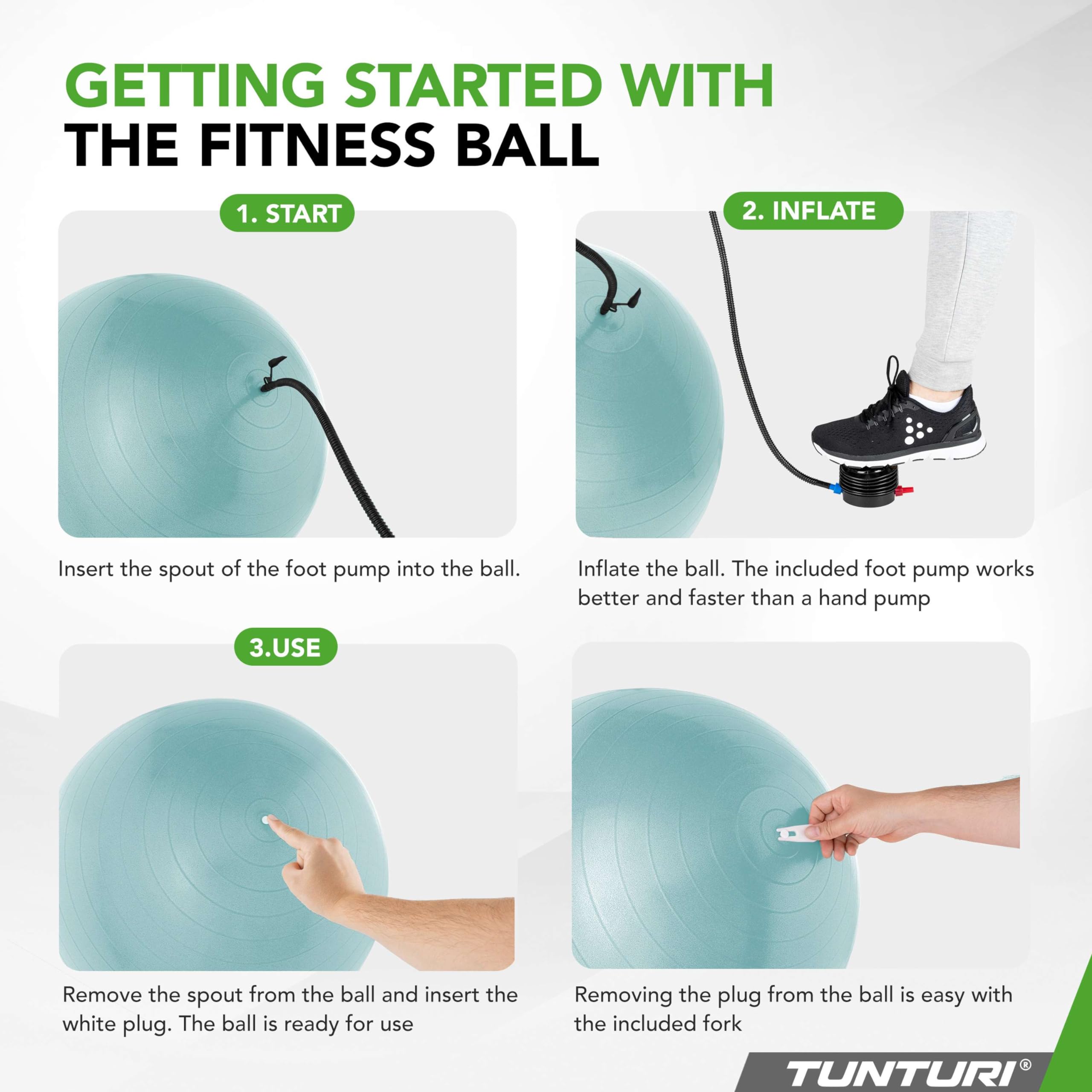 Tunturi Anti Burst Fitness Ball avec Pompe - Ballon de Yoga de 90 cm - Ballon de Pilates - Ballon de Grossesse – Poids utilisateur de 220 kg - INCL Application d'entraînement – Pétrole
