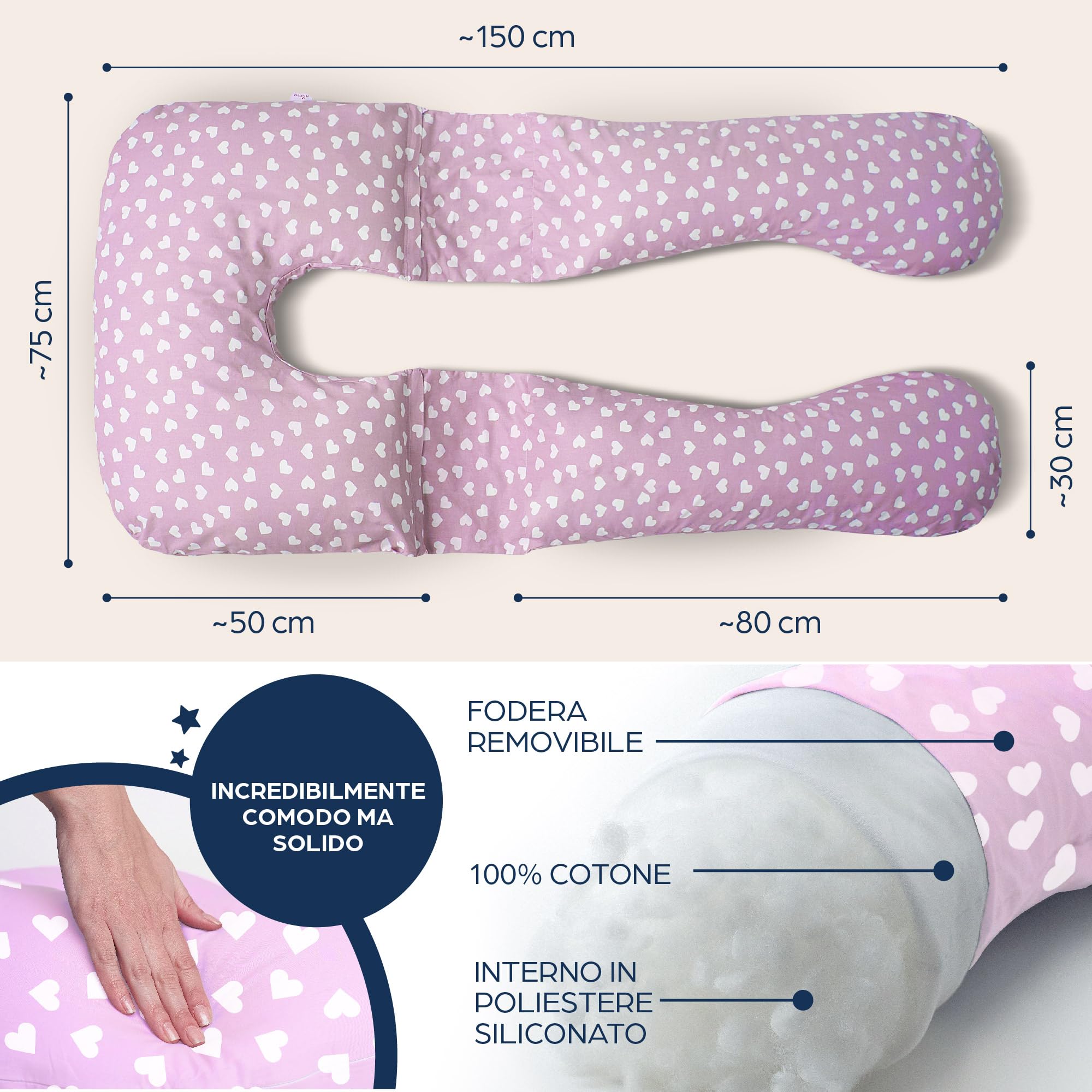 Niimo Cuscino Gravidanza a Forma di U per Dormire - Cuscino Allattamento e Cuscino Maternità per Donne Incinte - Cuscino per l'Allattamento al Seno con Federa in Cotone al 100% (Cuori Rosa e Bianco)
