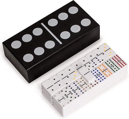 Miniatura 2 de Yellow Mountain Imports D12 - Juego de cubierta de dominó y mesa  Dominó doble de 12 puntospuntos de colores en estuche de laca negra con cubierta