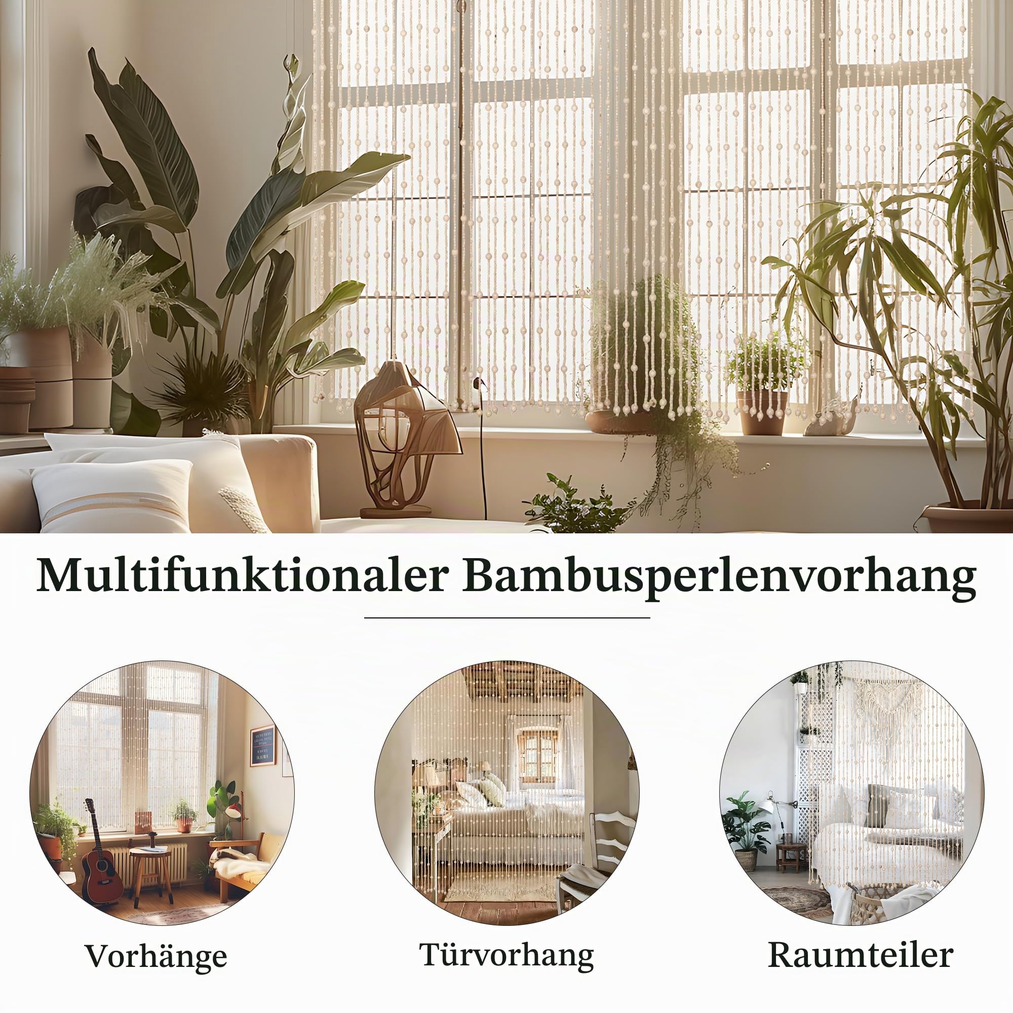 Foreate Handgefertigte 38 Stränge Perlenvorhänge für Türen Holz und Bambus Türperlen Hippie Vorhang für Flur 35,5 x 75 Zoll Türvorhänge Raumteiler BOH Wohnkultur Elfenbein