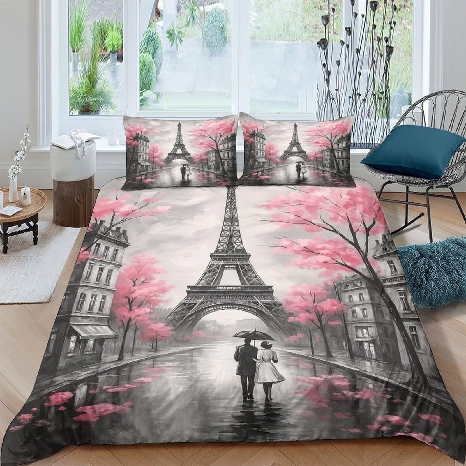 Ctjqhvkz Style-2 3D Printed Eiffel Tower Lovers Fitted Sheet Microfiber Pink Tree Art Bed Sheet For Bedroom Guest Room Decor Single（135X200cm）