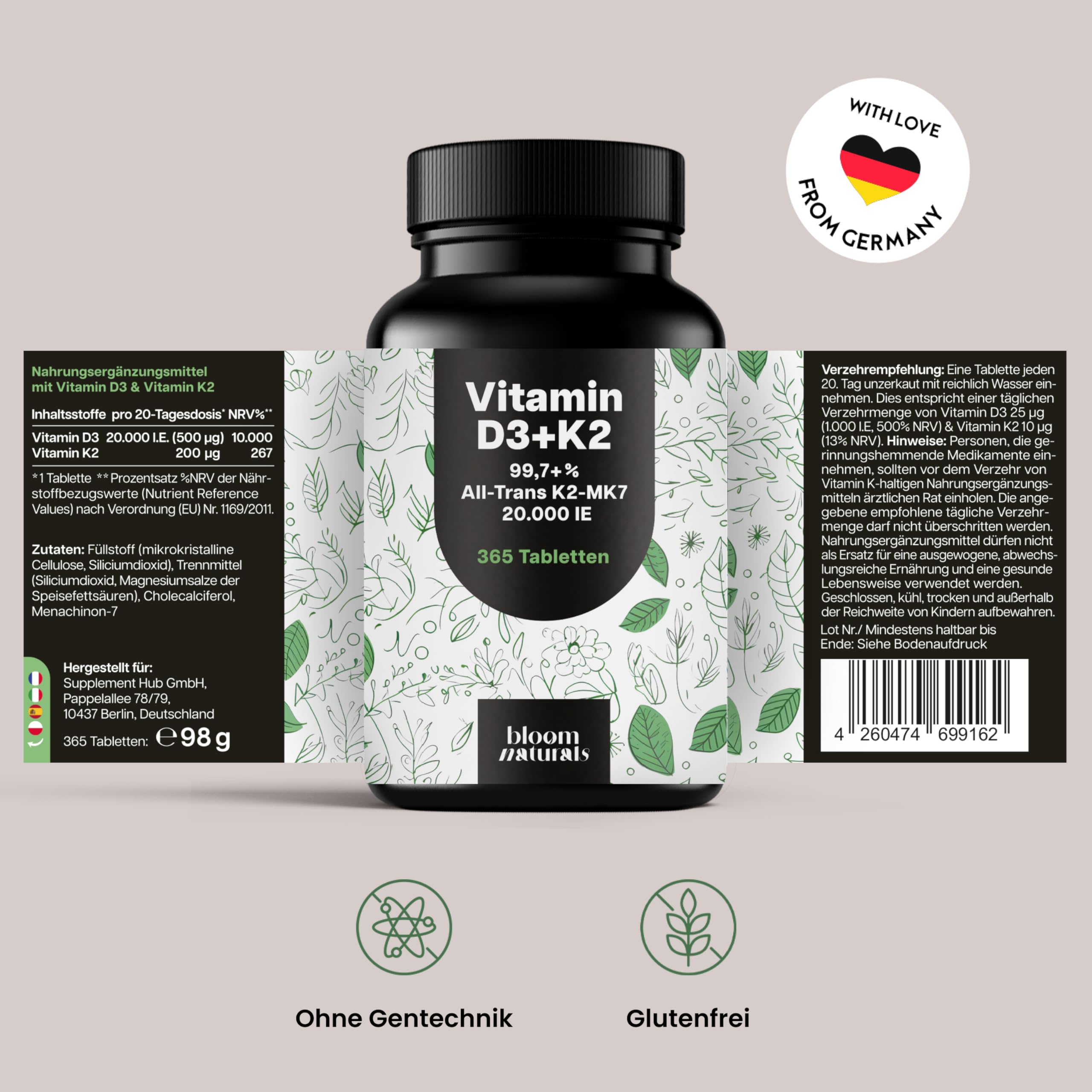 Vitamin D3 K2 hochdosiert – 365 Tabletten mit 20000 IE – 99,7+% All-Trans K2-MK7 - Vitamin D - produziert in Deutschland XXL Family Packung - Verpackung kann variieren