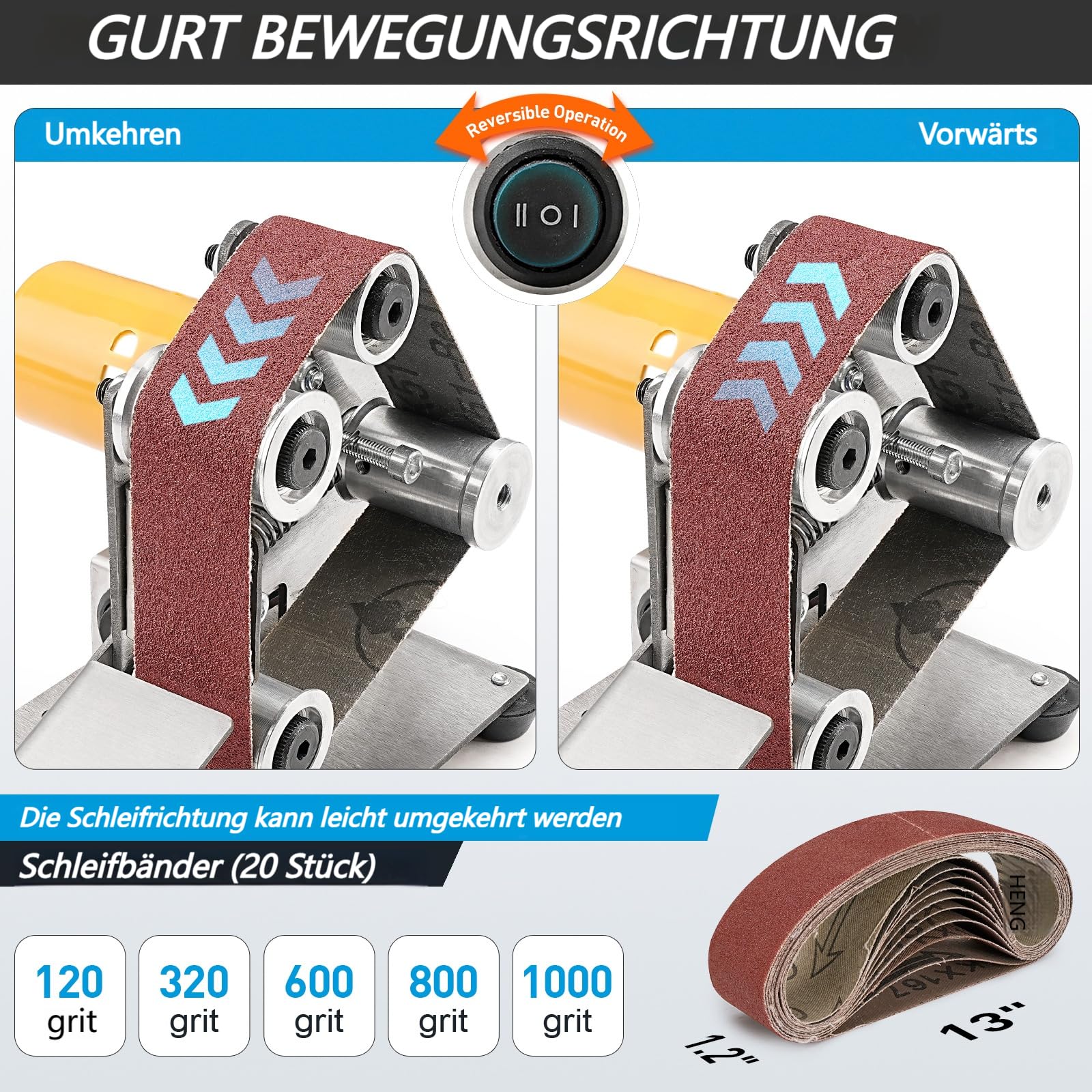 SI FANG Mini Bandschleifer，Elektrischer Band Schleifmaschine，7-Stufig Einstellbare Messerschärfer mit 20pcs 330x30 mm Schleifbänder Geliefert für Holz- und Metallbearbeitung