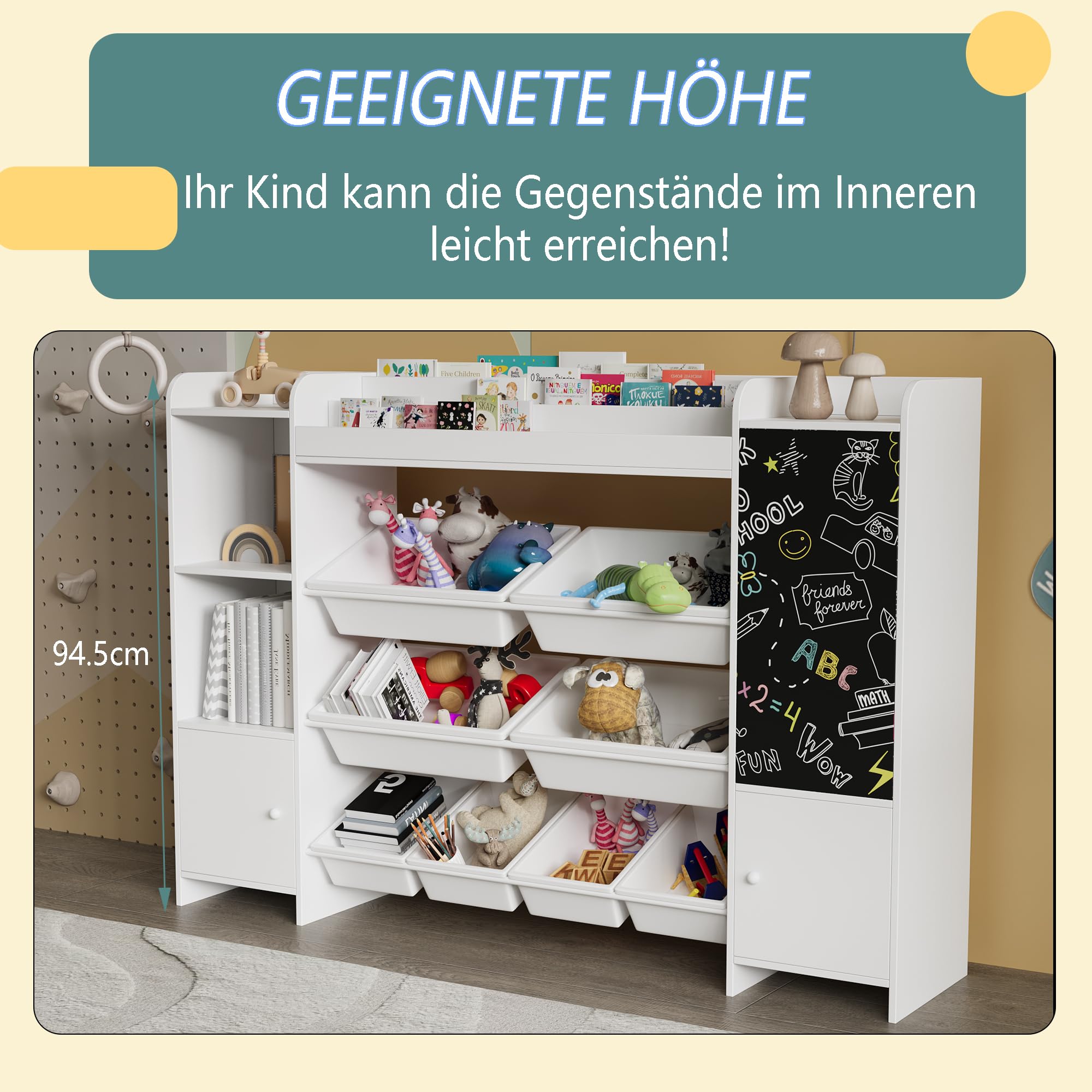 PerGar Bücherregal Kinder, Spielzeug-Organizer, Multifunktionale Ablage mit 8 Aufbewahrungsboxen, mit Tafel, Aufbewahrung von Büchern & Spielzeug im Kinderzimmer, Weiß, 137×94.5×30cm