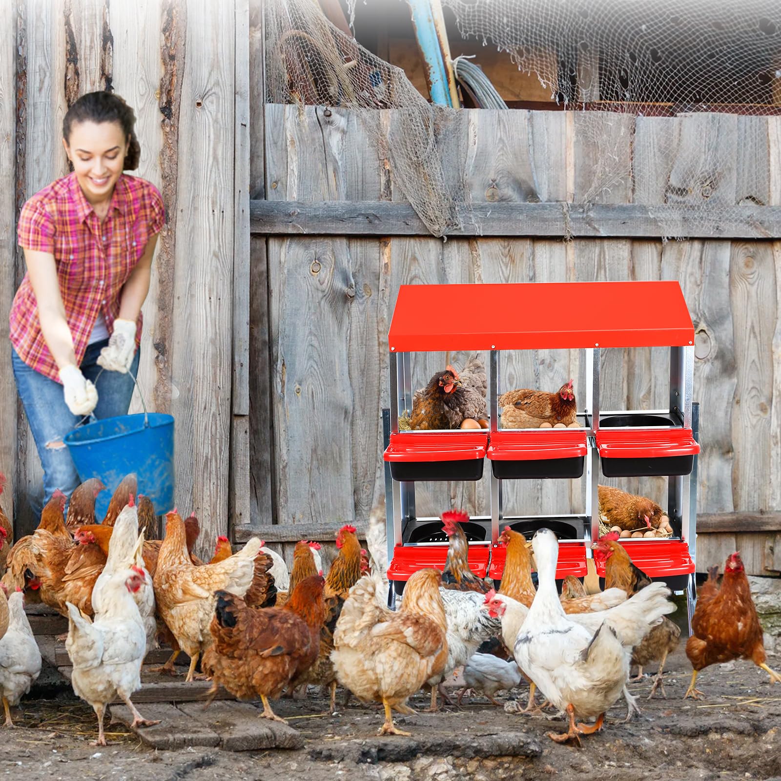 Box Nido Per Galline Ovaiole Metallo Zincato Struttura 6 Scomparti Sistema Raccolta Uova Automatica Vassoio Estraibile Ottima Ventilazione Facile Pulire Accessorio Pollaio Installazione Parete Terra
