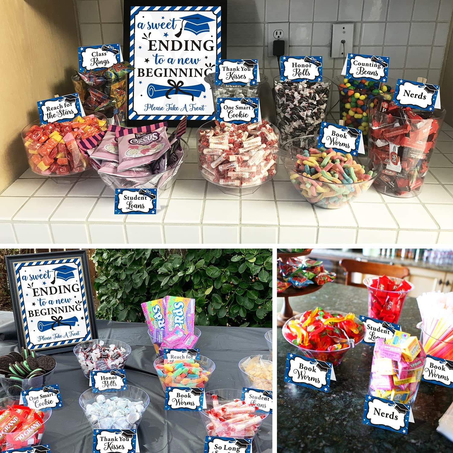 Yaaaaasss! 18pcs Graduation Candy Bar Dessert Buffet Decoration-A Sweet Ending to A New Beginning Sign Blue Congrats Grad Banner Food Labels Dessert Table Party Favor Ideas Supplies Navy Blue
