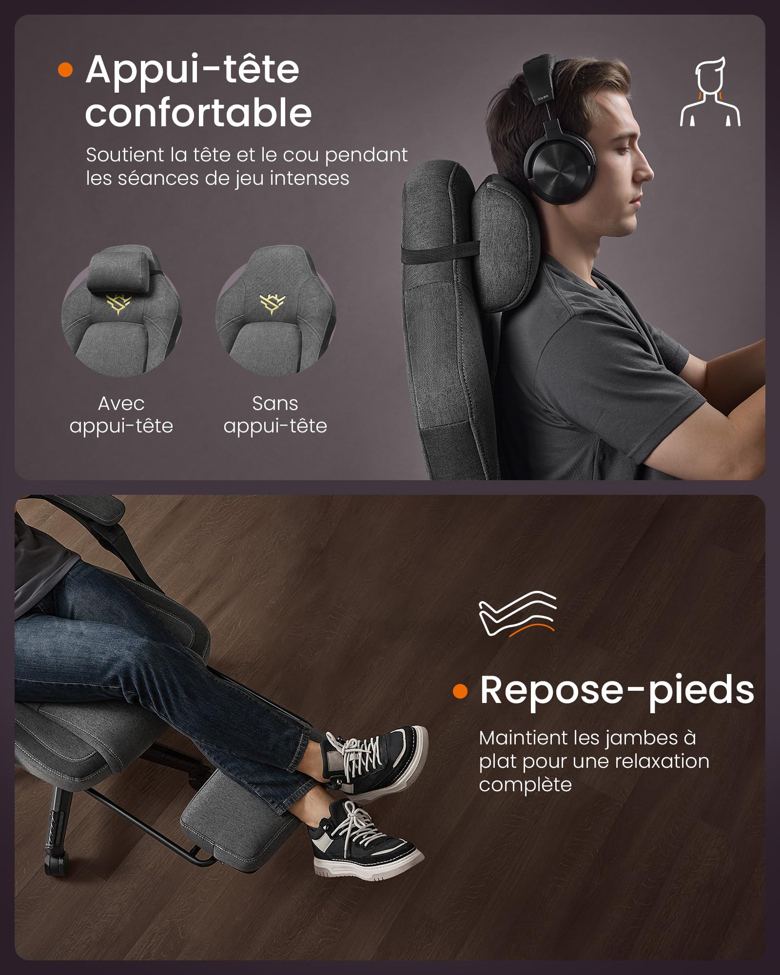 SONGMICS HOME Fauteuil Gaming, Chaise de Bureau Ergonomique avec Repose-Pieds, Chaise Gamer avec Appui-tête, Coton-Lin, Hauteur Réglable, Gris Tourterelle OBG072G01V1