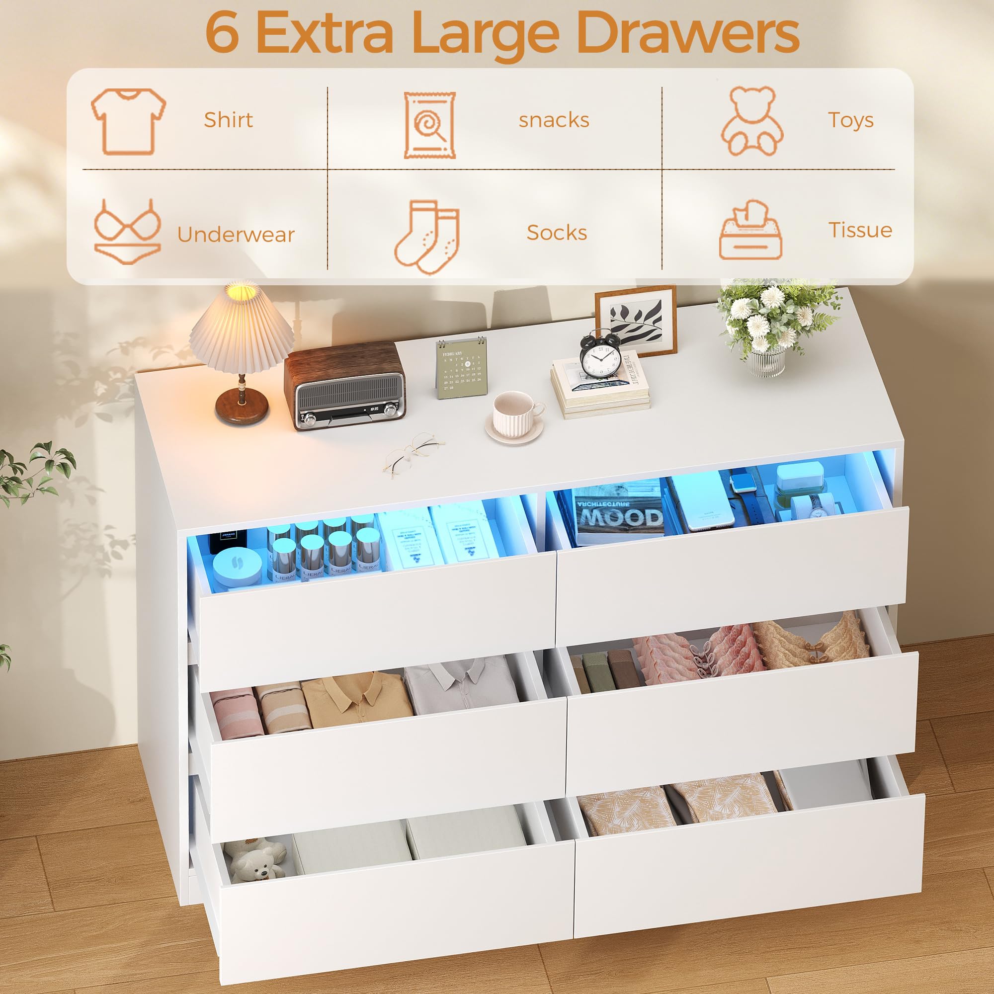 Blanche Commode Chambre à 6 tiroirs, Commode avec éclairage LED