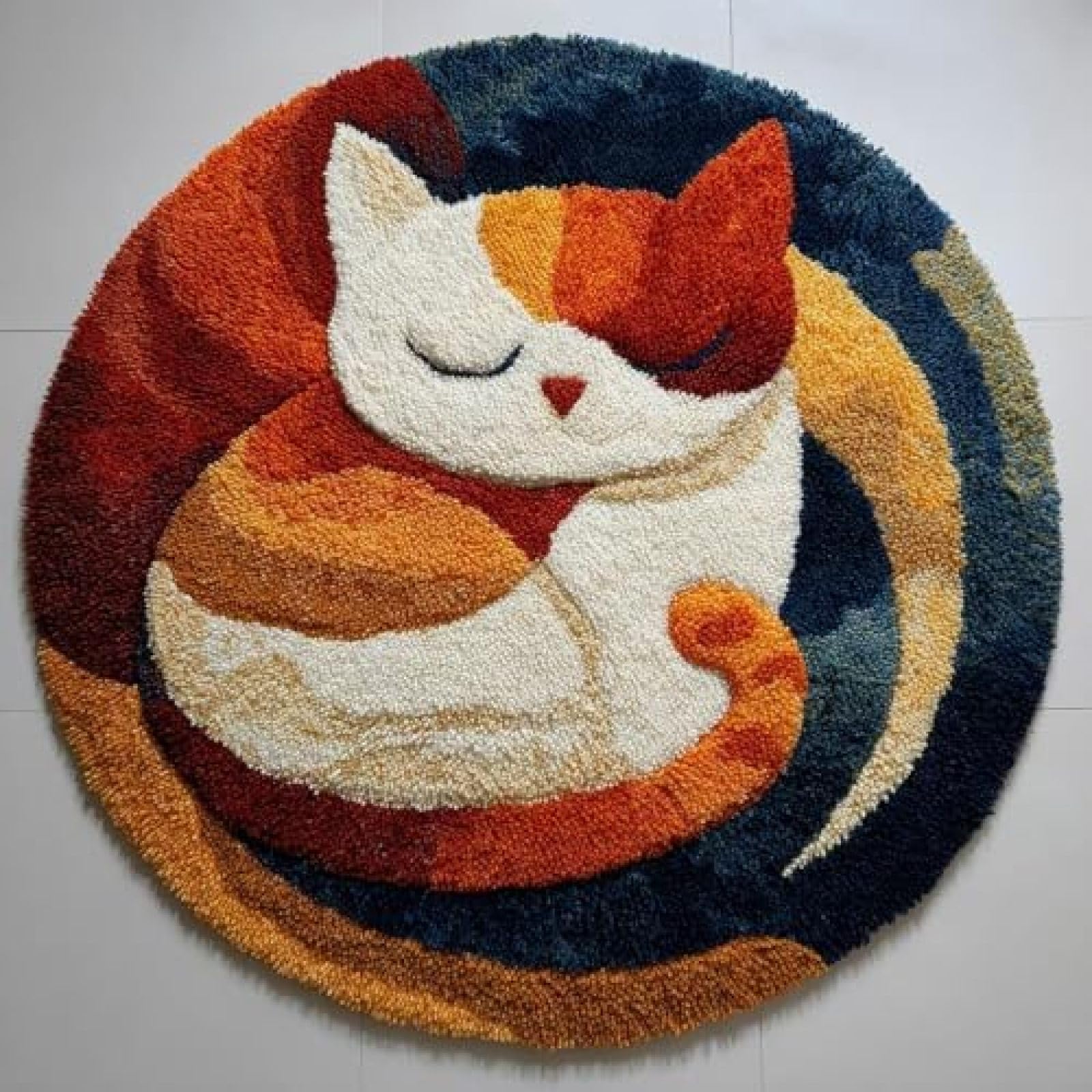 Latch Hook Rug Kit Turkish Van Cat Sleeping On Moon Round Rug 52x52cm