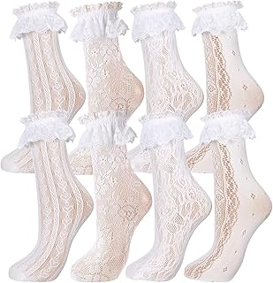 Geyoga 4 Pairs Women's Lace Ankle Sock | Retro Frilly Ruffle Mesh Fishnet Socks Loose Slouch Design