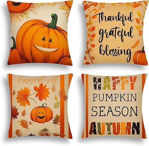 Miniatura 1 de ARTHMOM Juego de 4 fundas de almohada de otoño de 18 x 18 pulgadas para decoración de otoño, diseño de calabaza con texto en inglés Happy Autumn