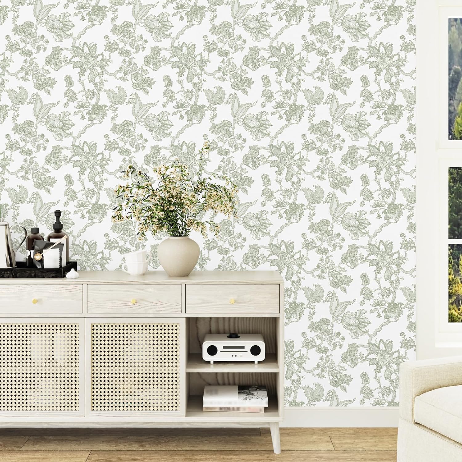 Green Floral Wallpaper Peel and Stick Vintage Floral Contact Paper for Cabinets Countertops 17.5"x102" Green Flower Wallpaper Self Adhesive Waterproof Contact Paper for Liner Walls Bedroom