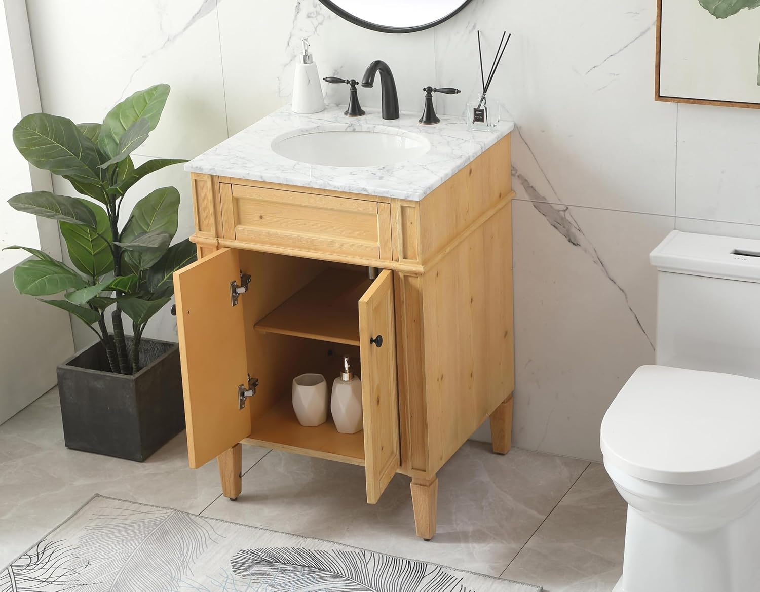 24 Single Bathroom Vanity, with Carrara White Marble Top Soft-Close, Natural Wood