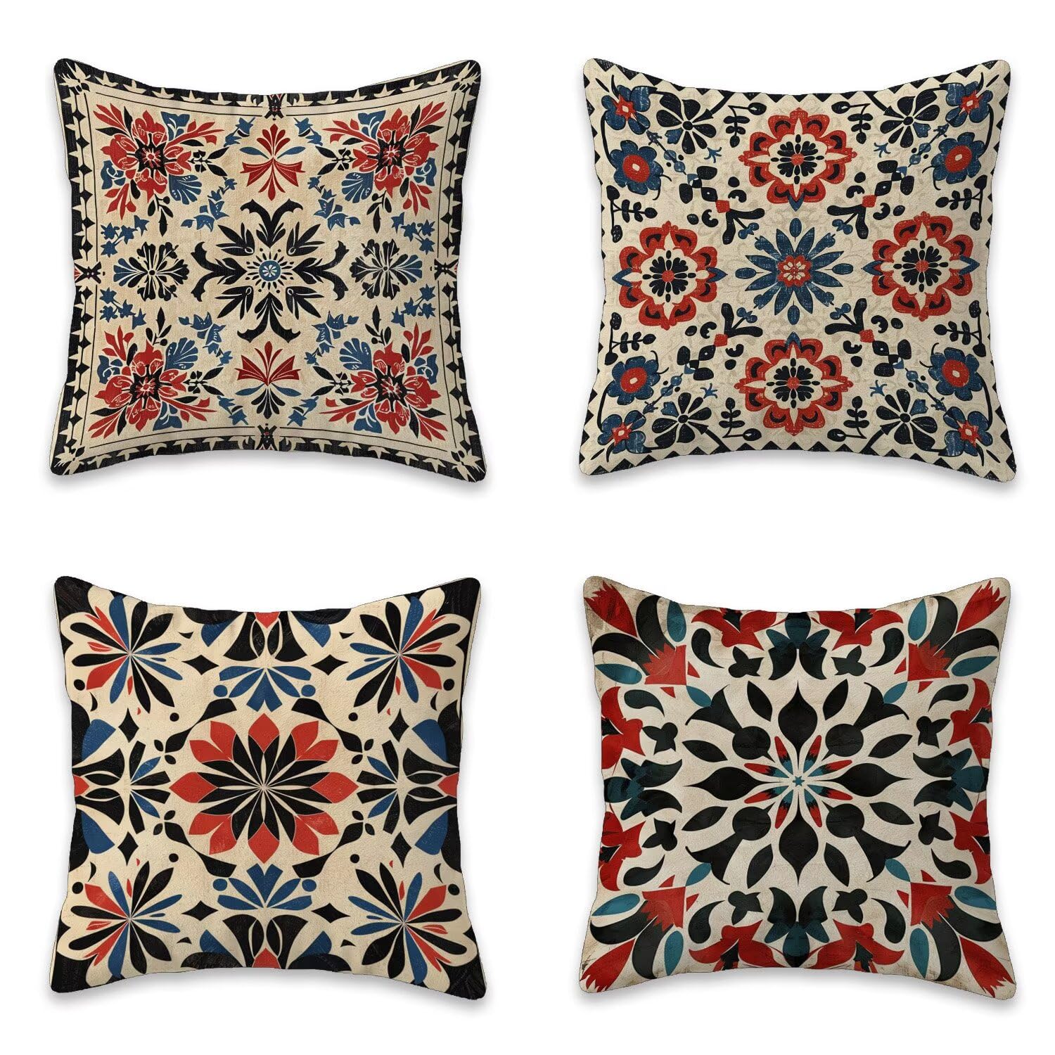Poduszka outdoorowa, wodoszczelna, zestaw 4 poszewek na poduszkę w stylu boho, 55 x 55 cm, krótkie, pluszowe, kwadratowe, na kanapę, na sofę, taras, meble ogrodowe, balkon, do salonu, dekoracja retro