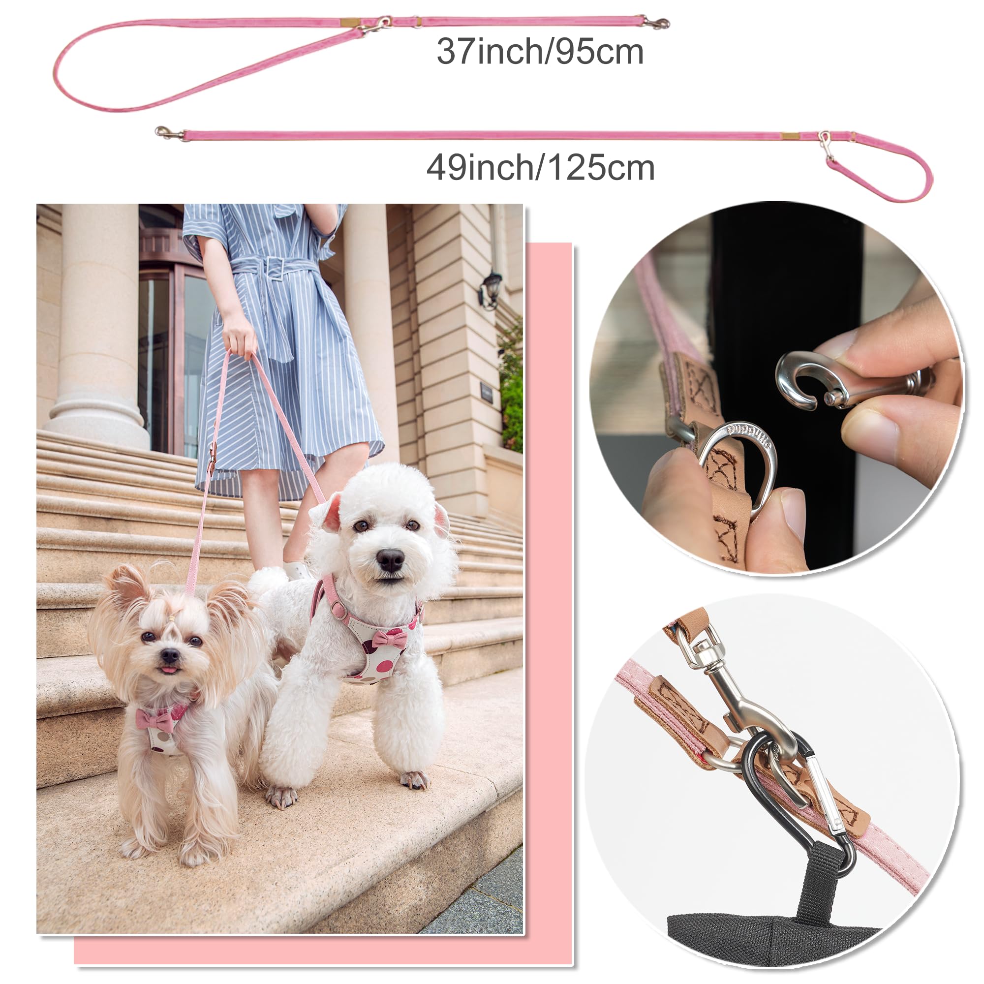 Puppytie Juego de arnés y correa para perro pequeño, lunares rosados, M (16-31 libras) | Arnés para perro de tamaño pequeño, suave y ligero, correa multifunción para perro, arnés para perro de tamaño mediano