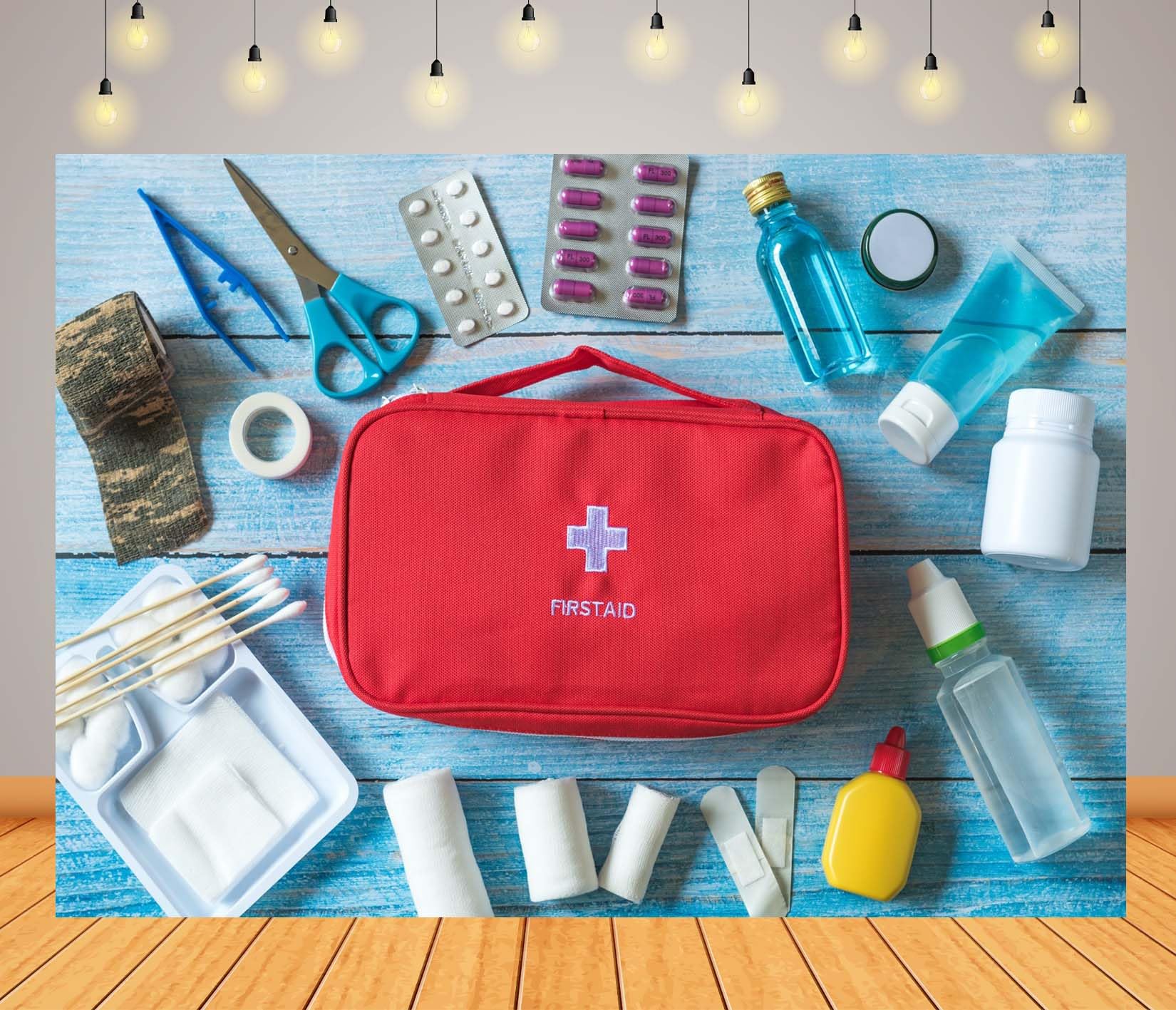 BELECO 4.6x2.5m Tela Asistencia Médica Fondo Botiquín con Equipo Médico Urgencias Tema Médico Enfermero Decoración Fiesta Estudio Foto Accesorios