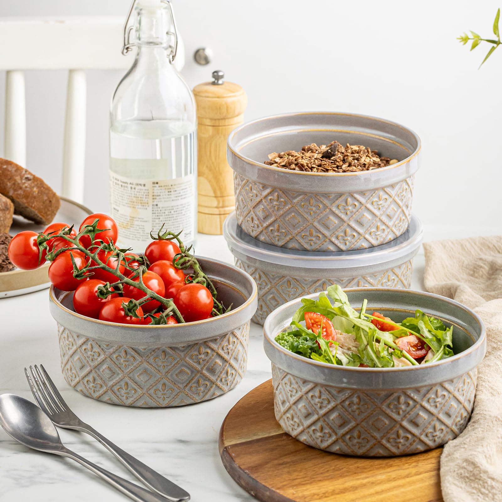Große Keramik-Rührschüsseln mit Deckel, 4 Stück, 1,2 l, Salatschüsseln für Küche, Lebensmittelaufbewahrung, luftdichte Servierschüsseln für Mahlzeiten, Müsli, Reste, Büroessen und Camping