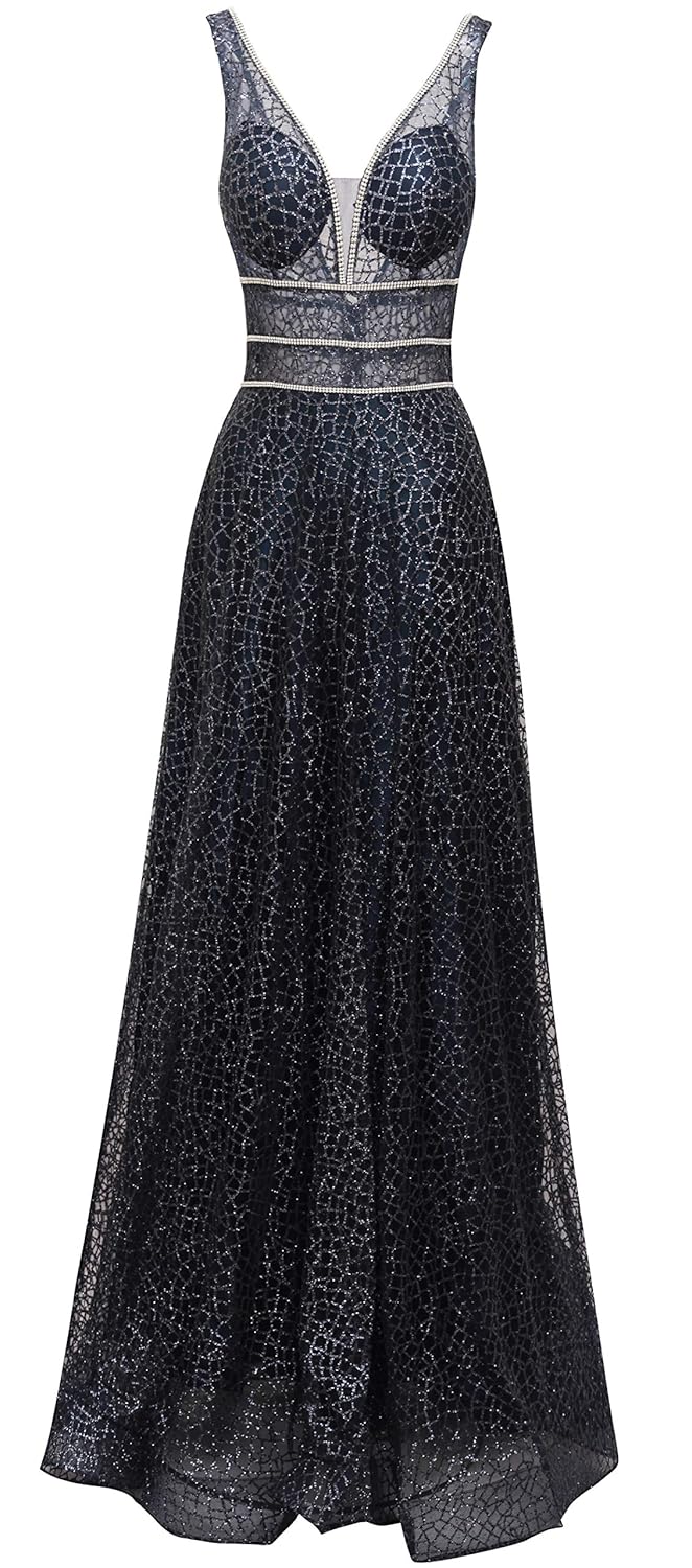 Meier Womens Glitter Tulle Double V-Neck A-Line Prom Formal Gown