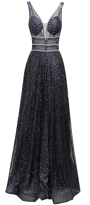 Meier Womens Glitter Tulle Double V-Neck A-Line Prom Formal Gown