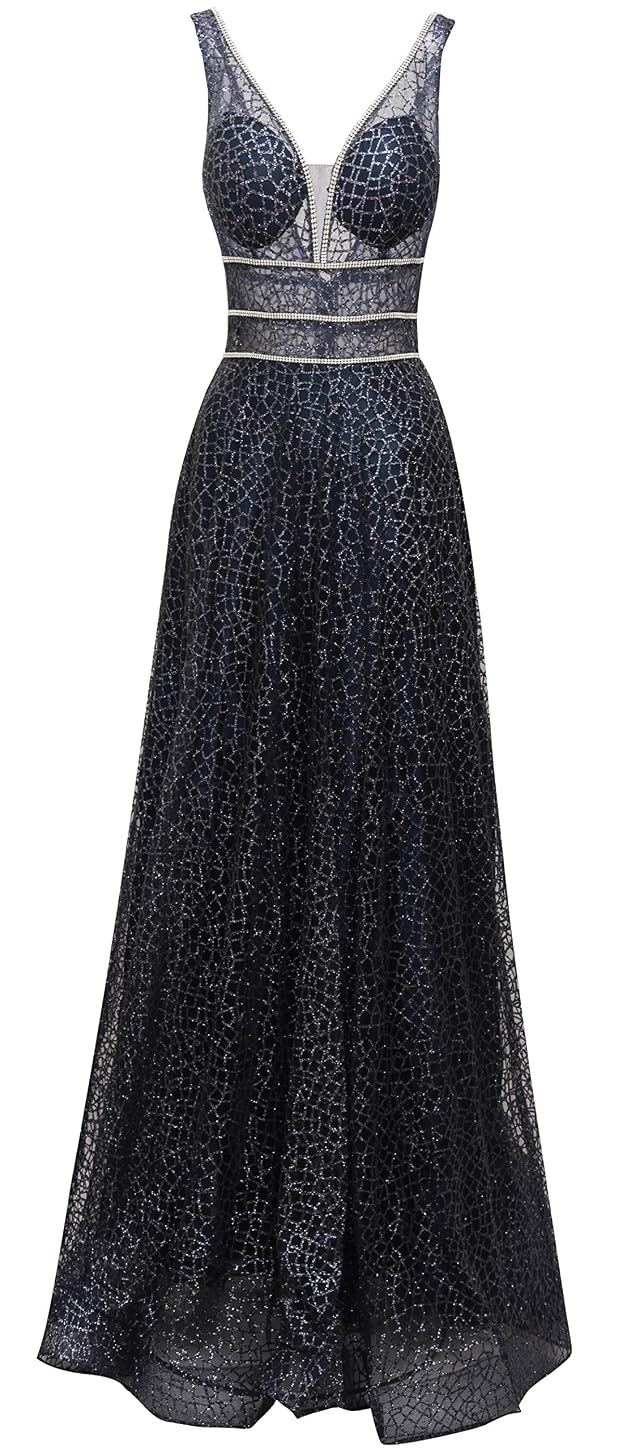 Meier Womens Glitter Tulle Double V-Neck A-Line Prom Formal Gown