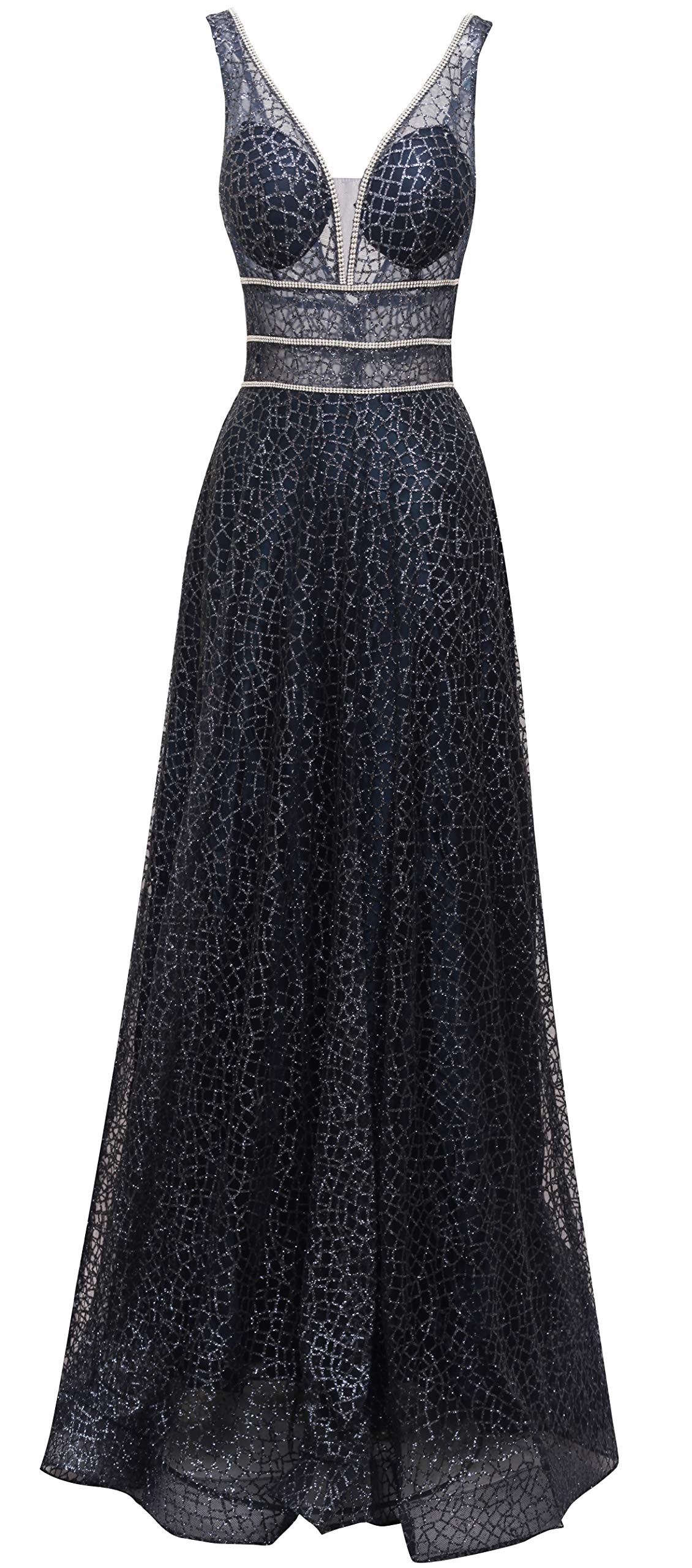 Meier Womens Glitter Tulle Double V-Neck A-Line Prom Formal Gown