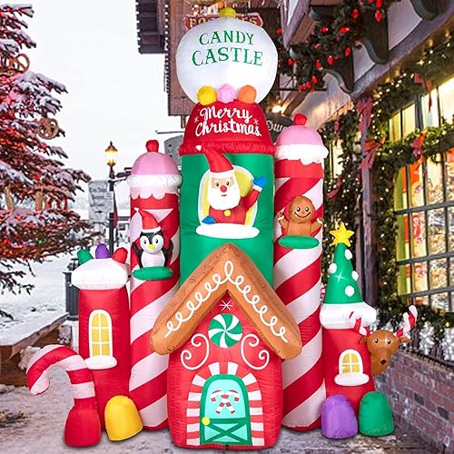 Miniatura 8 de Nervure Castillo de Navidad inflable de 10 pies – Castillo inflable de Navidad, dulces, Papá Noel, reno, pingüino de pan de jengibre con luces LED